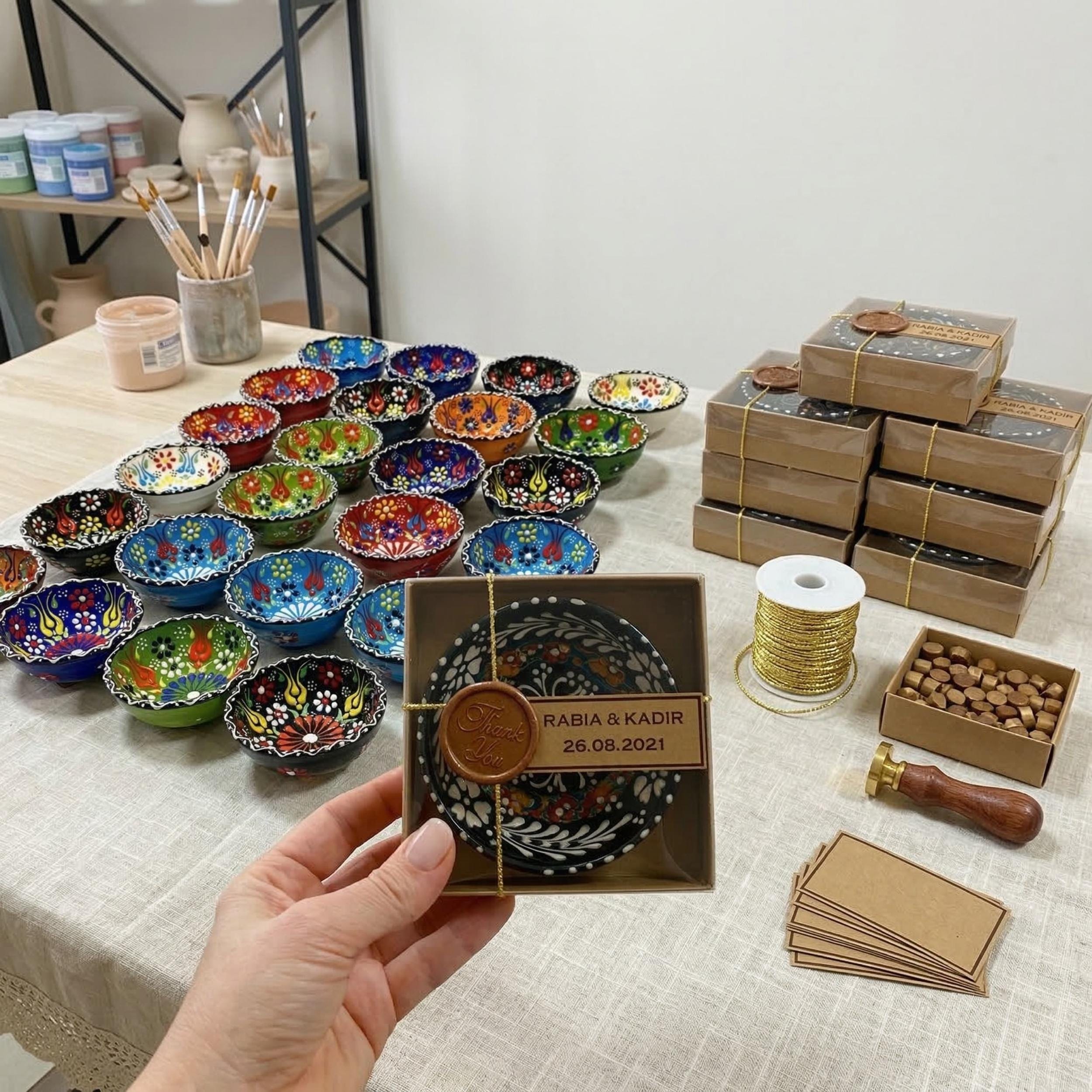 Handmade Mexican Wedding Favors, Talavera Style Ceramic Mini Bowls in Box, Boho Bulk Wedding Favor, Colorful Pottery