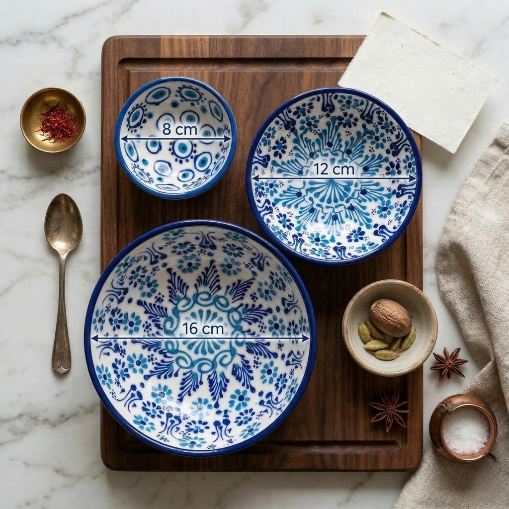 Hand Painted Blue White Ceramic Nesting Bowls – Turkish Pottery Serving Set of 3