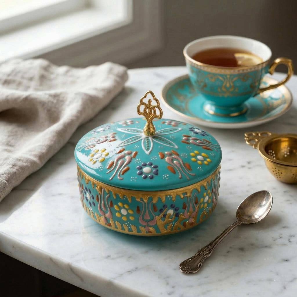 Hand-Painted Ceramic Sugar Bowl – Turkish Delight, Spice, Trinket Box
