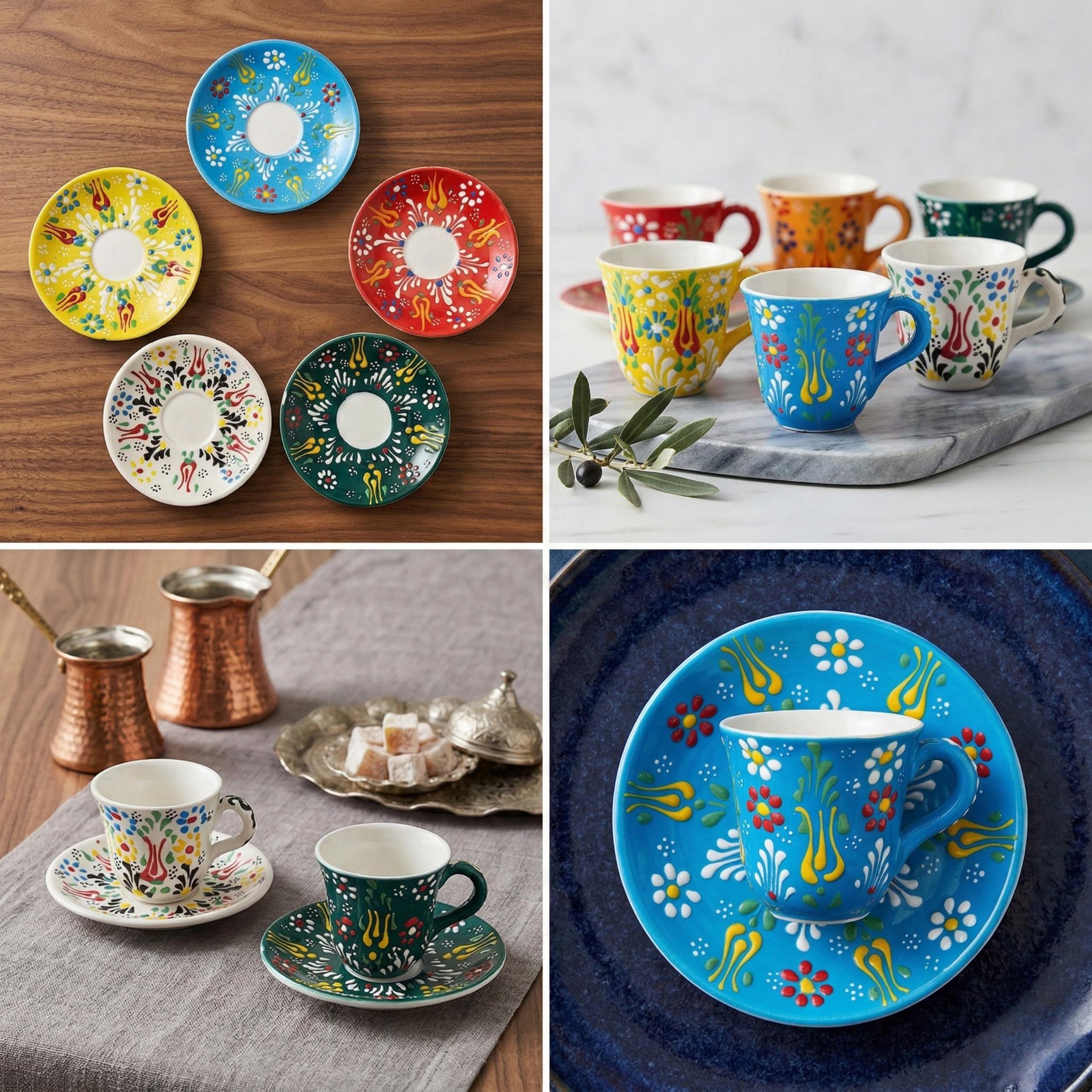 Hand-Painted Colorful Turkish Coffee Cup Set - Ceramic Espresso Cups - Unique Tulip Design Pottery
