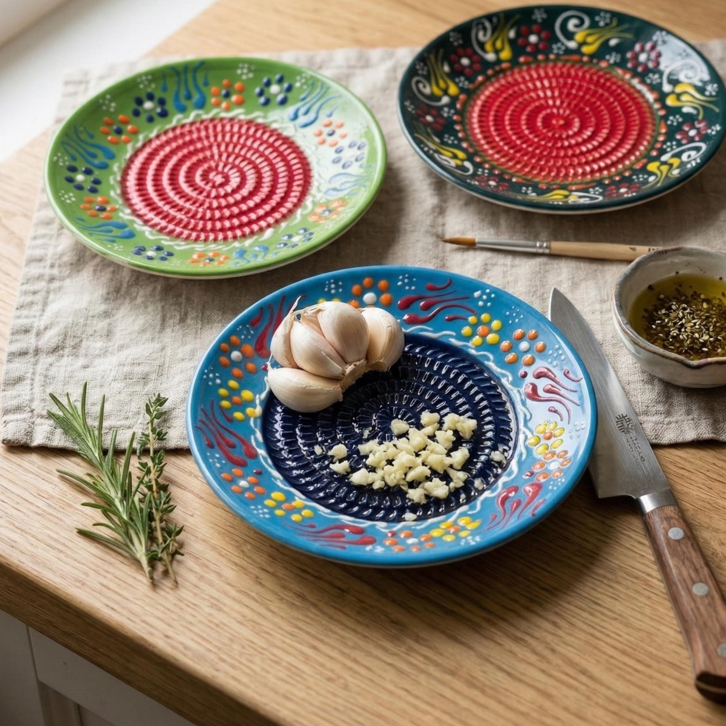 Hand-Painted Ceramic Grater Plate – Turkish Pottery, Garlic Ginger Grater, Olive Oil Dish