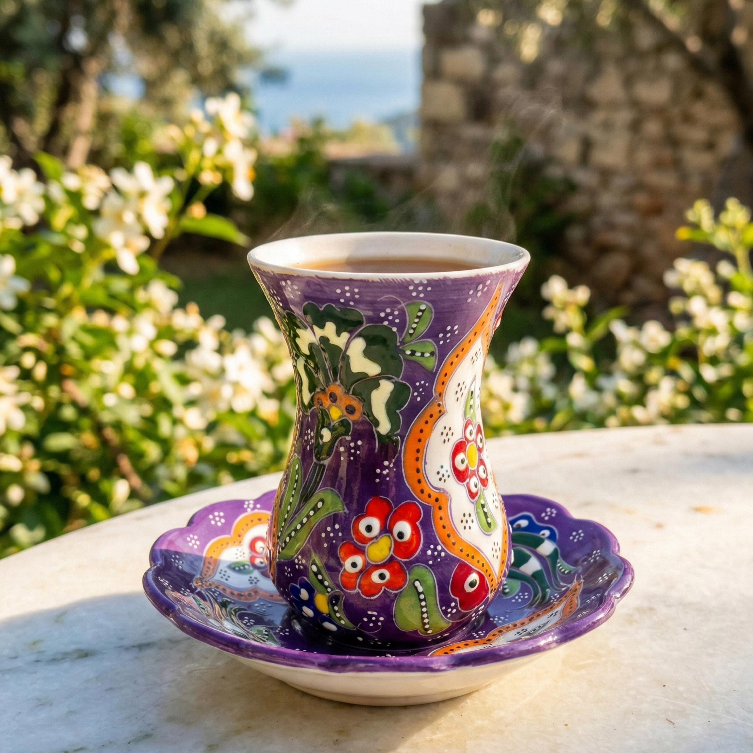 Hand-Painted Ceramic Tea Set – 6 Cups and Saucers, Floral Pottery Service
