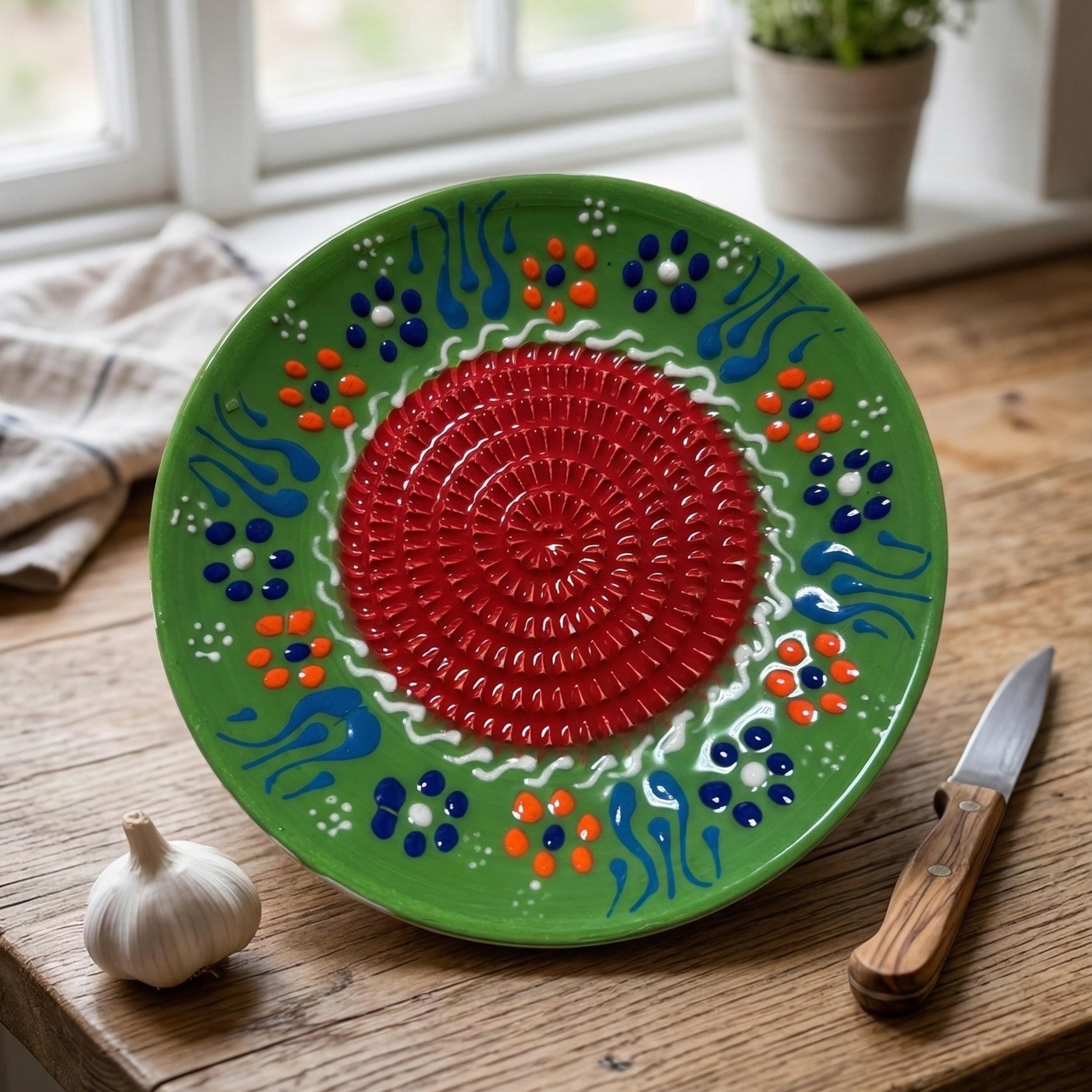 Hand-Painted Ceramic Grater Plate – Turkish Pottery, Garlic Ginger Grater, Olive Oil Dish