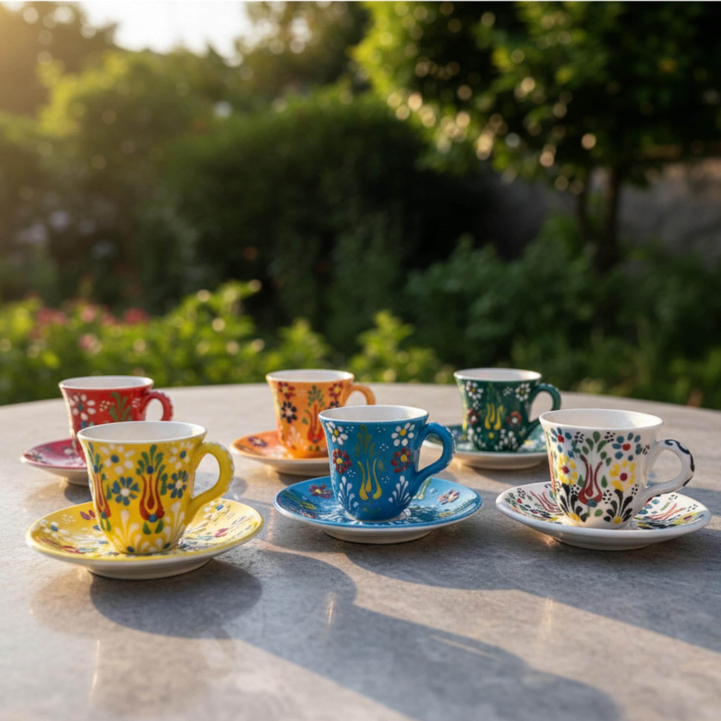 Hand-Painted Colorful Turkish Coffee Cup Set - Ceramic Espresso Cups - Unique Tulip Design Pottery