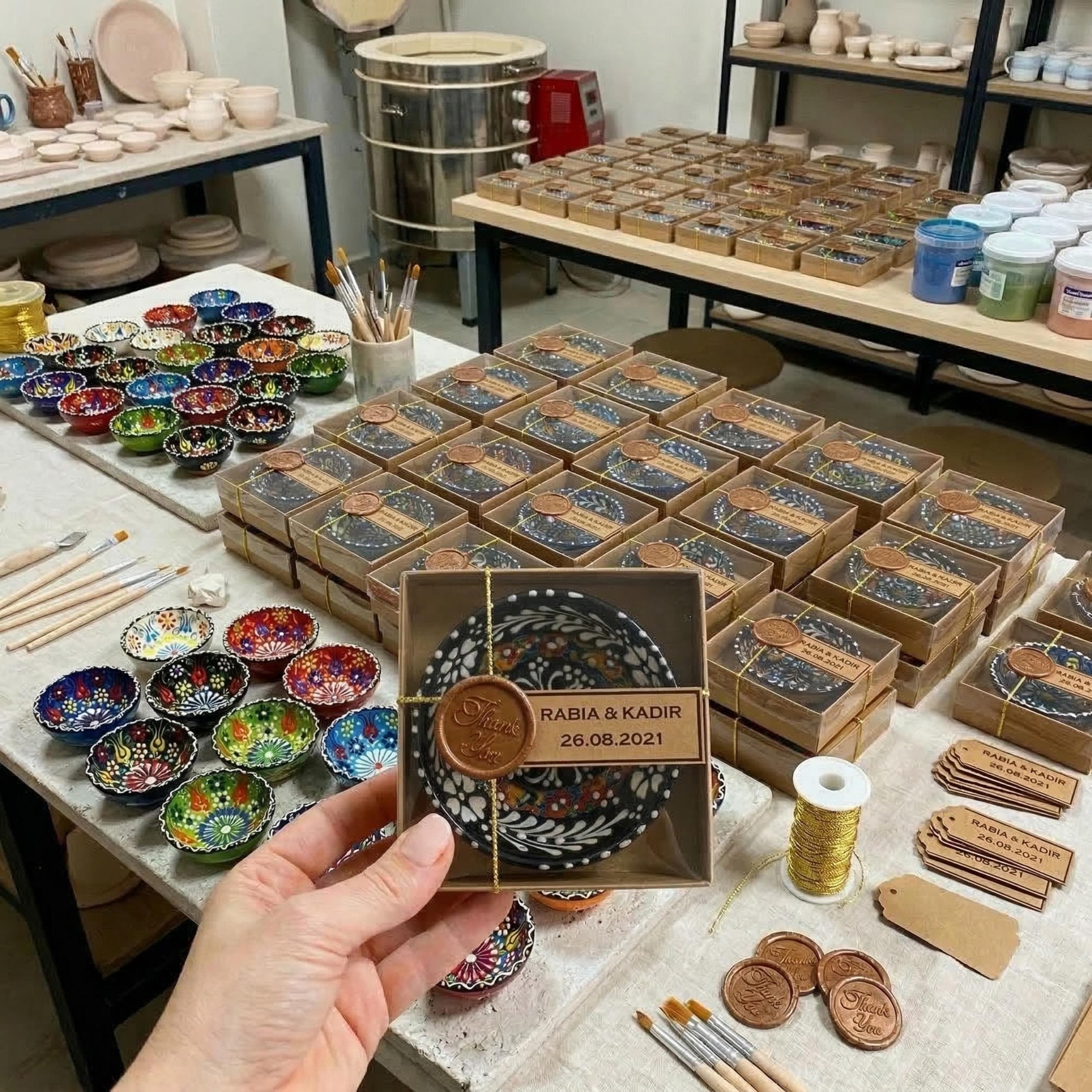 Handmade Mexican Wedding Favors, Talavera Style Ceramic Mini Bowls in Box, Boho Bulk Wedding Favor, Colorful Pottery