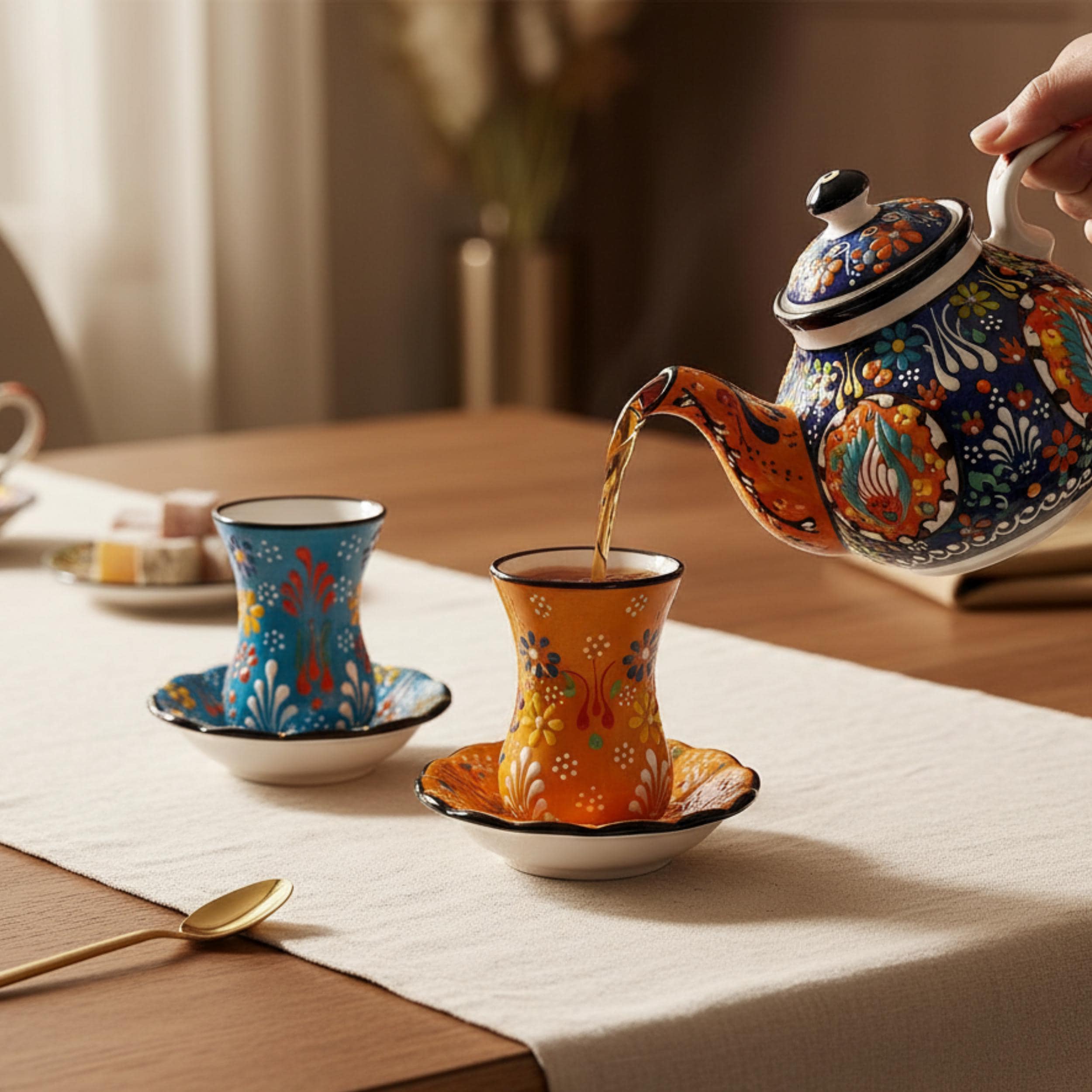 Hand-Painted Turkish Tea Cup Set – Authentic Floral Ceramic Pottery Glasses