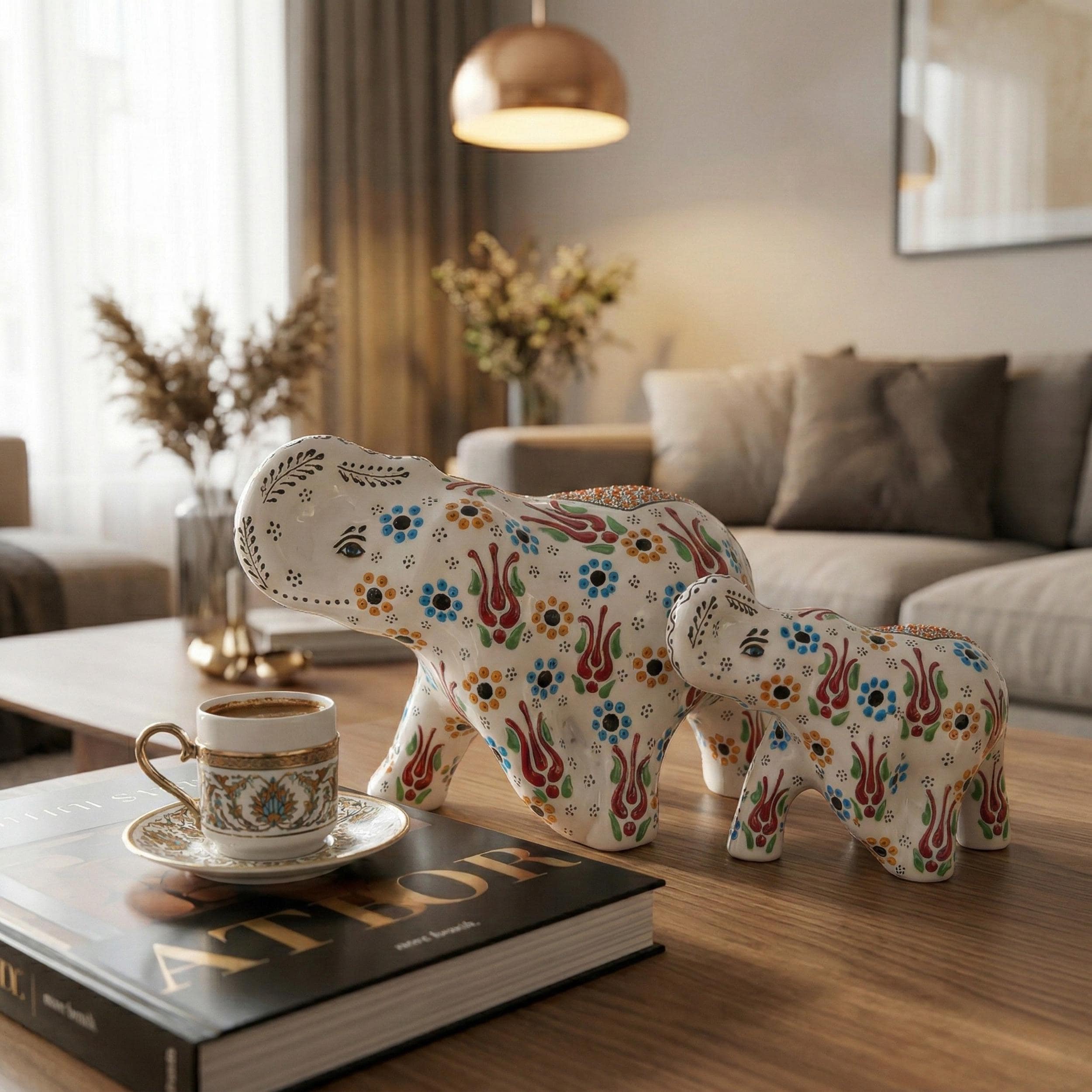 Hand-Painted Ceramic Elephant Family Figurines – Anatolian Art Home Decor