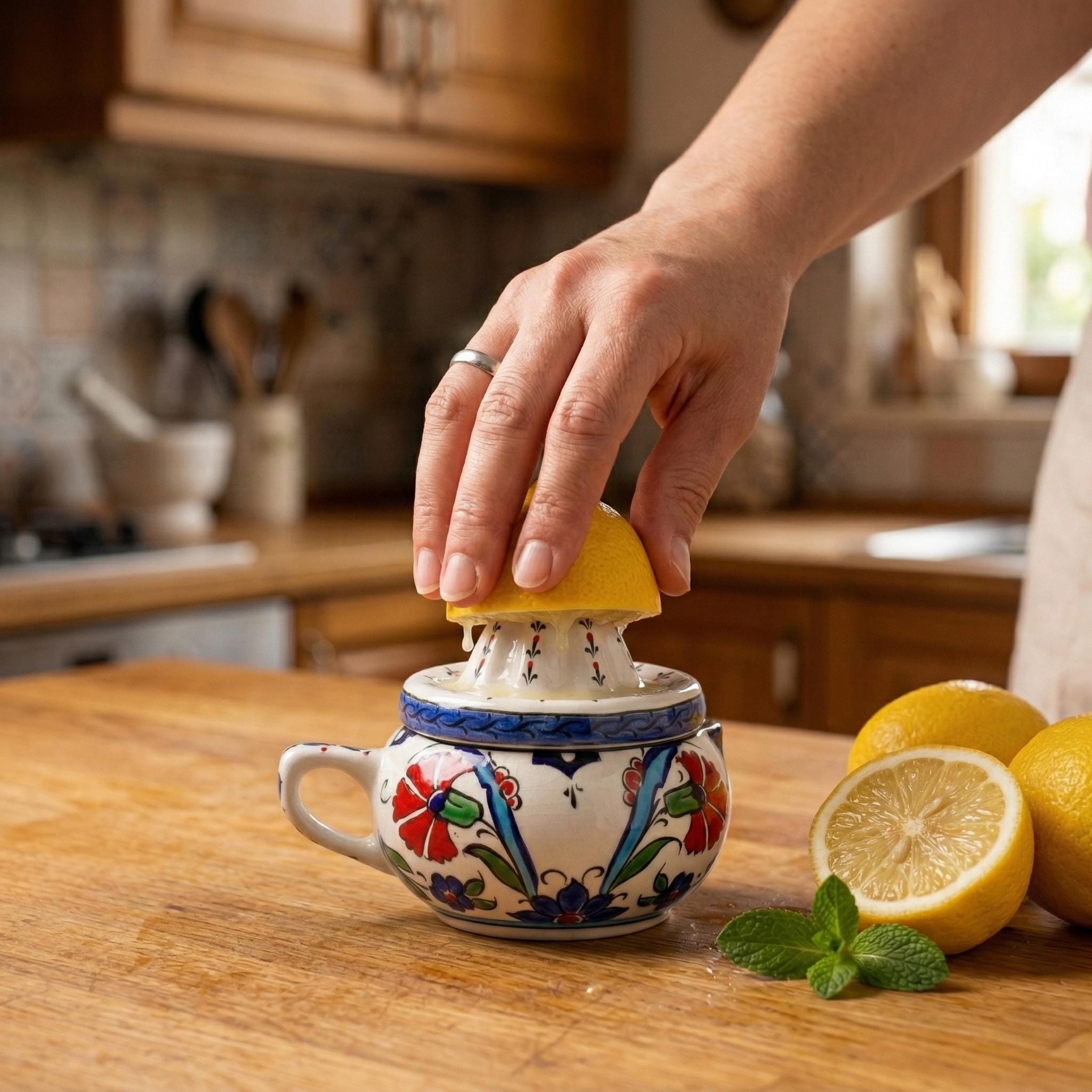 Hand-Painted Ceramic Lemon Squeezer - Authentic Turkish Pottery Citrus Juicer - Floral Kitchen Decor