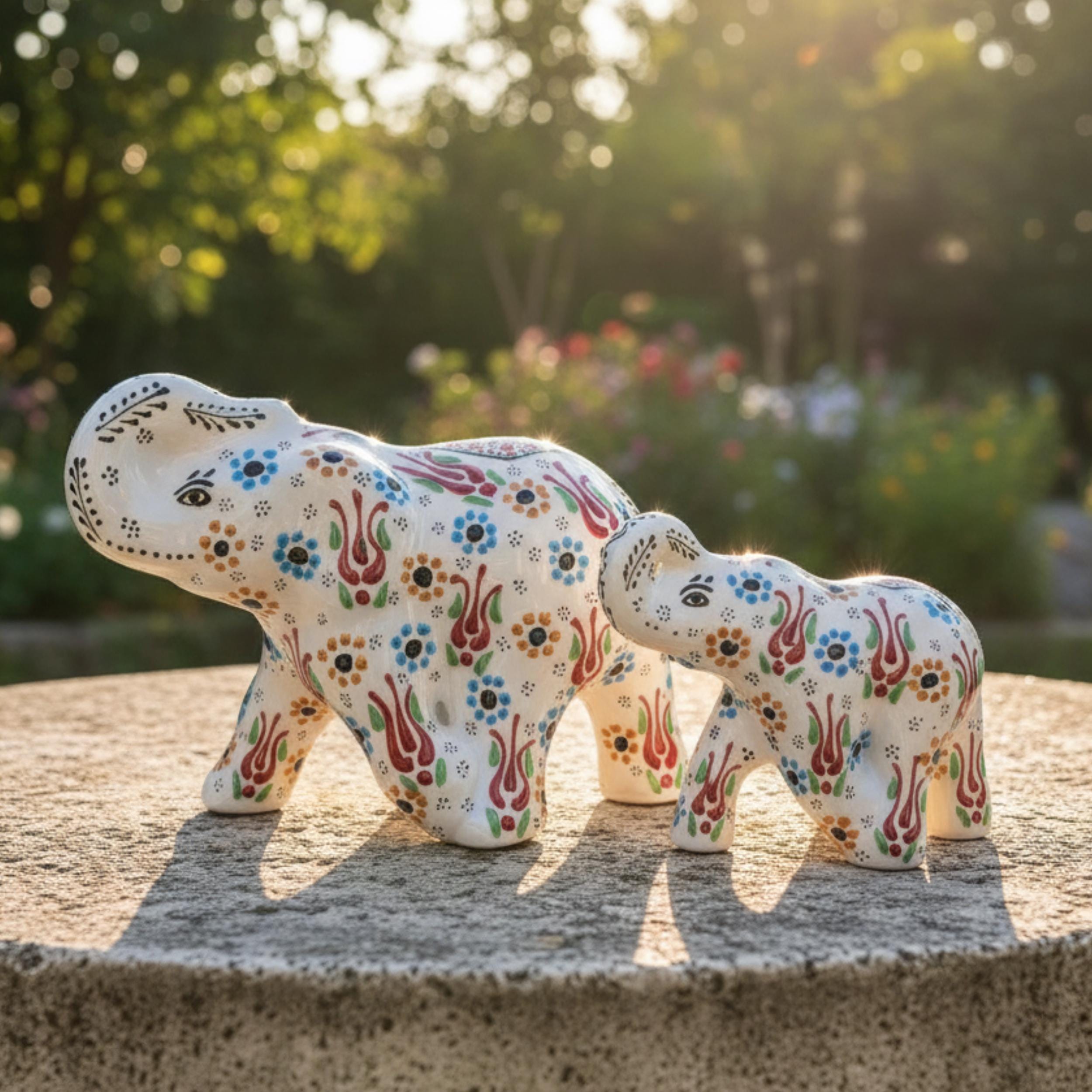 Hand-Painted Ceramic Elephant Family Figurines – Anatolian Art Home Decor