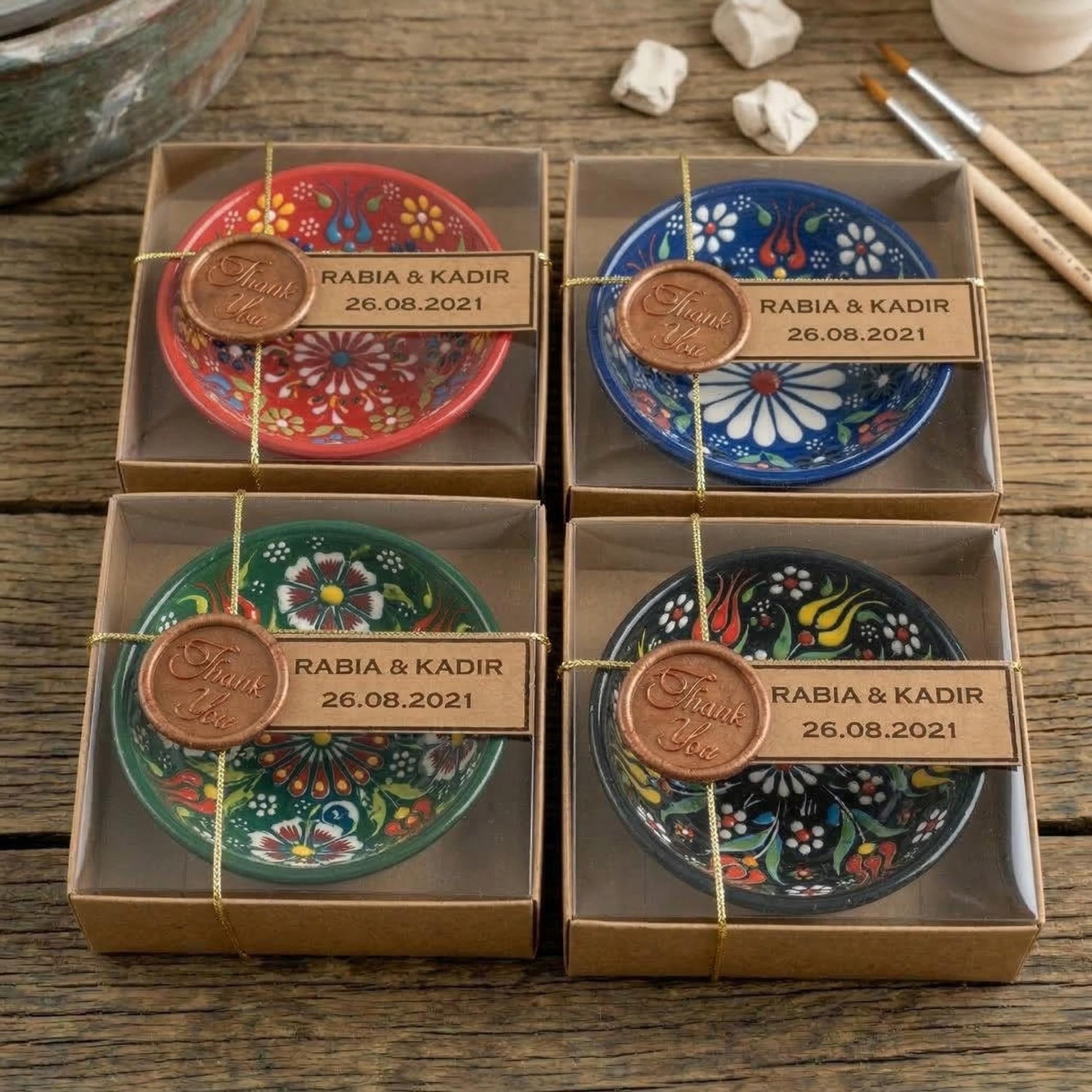 Handmade Mexican Wedding Favors, Talavera Style Ceramic Mini Bowls in Box, Boho Bulk Wedding Favor, Colorful Pottery