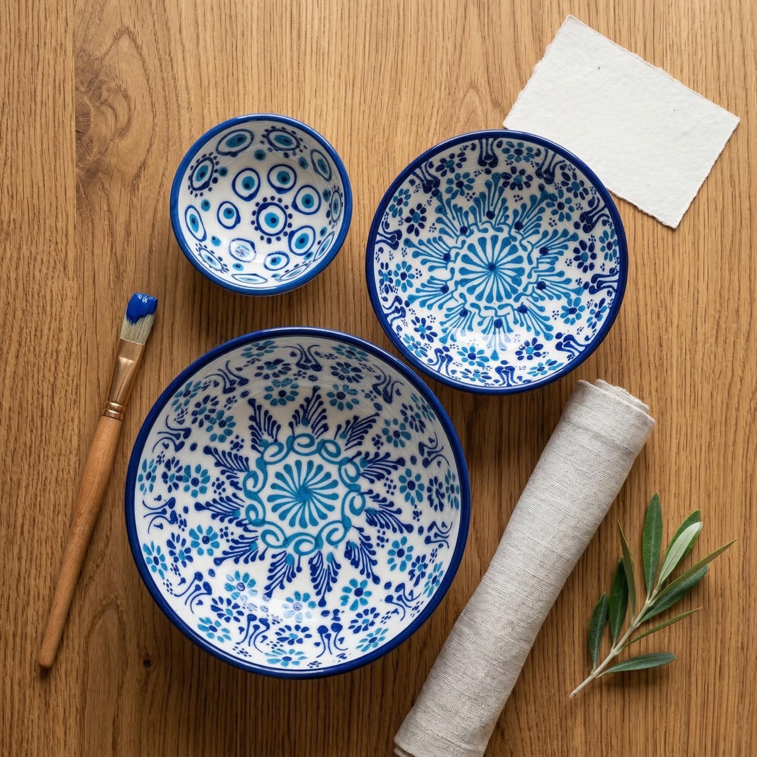 Hand Painted Blue White Ceramic Nesting Bowls – Turkish Pottery Serving Set of 3