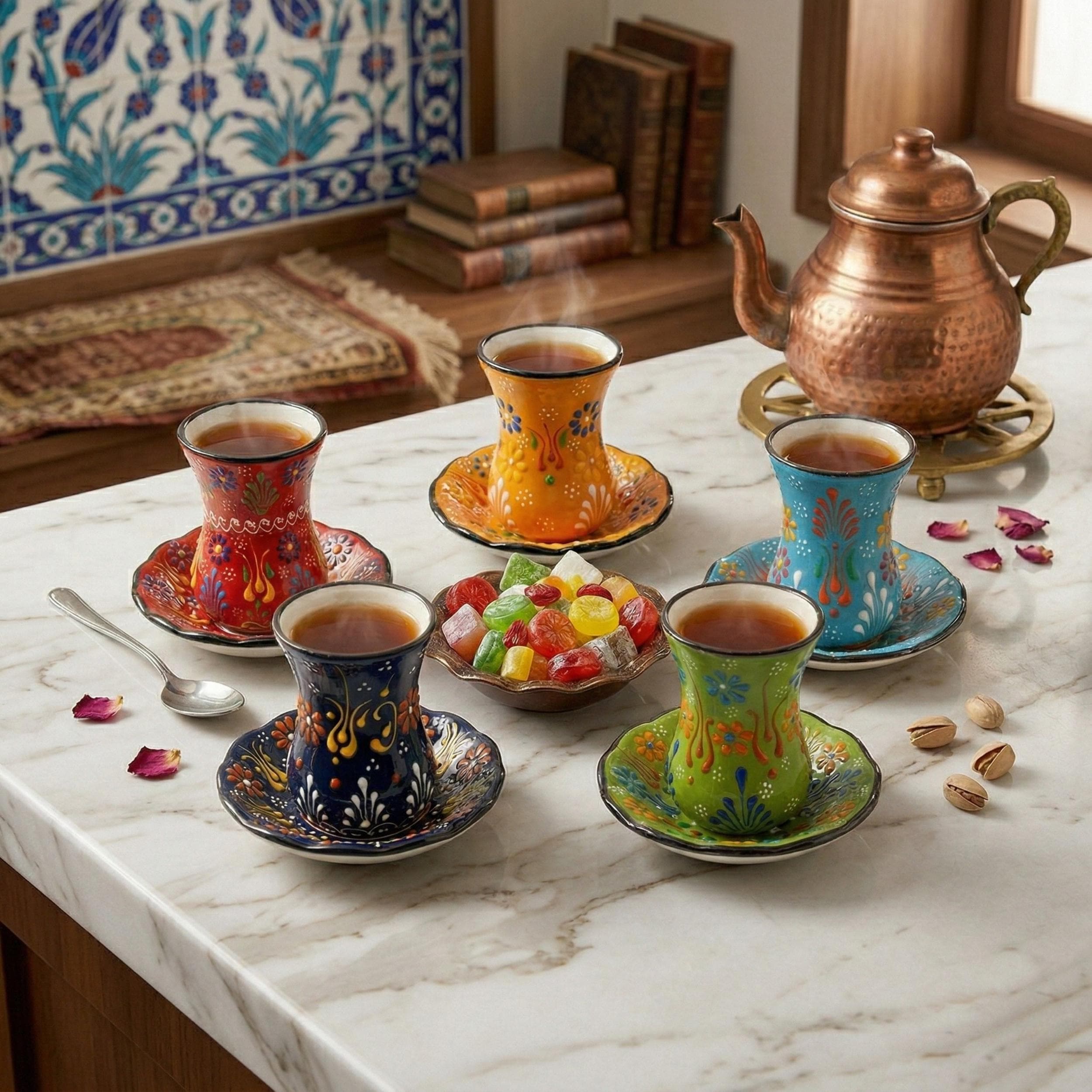 Hand-Painted Turkish Tea Cup Set – Authentic Floral Ceramic Pottery Glasses