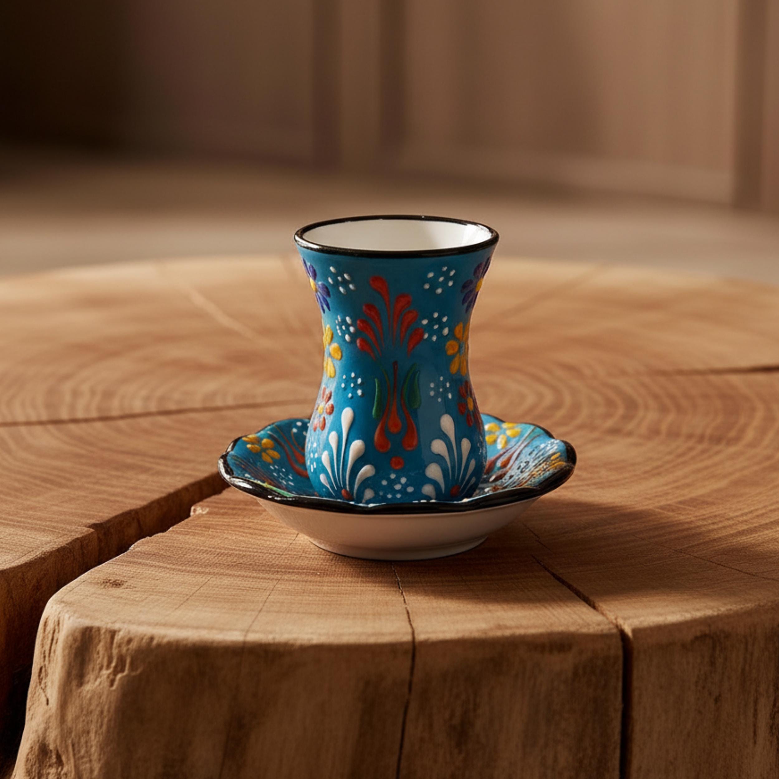 Hand-Painted Turkish Tea Cup Set – Authentic Floral Ceramic Pottery Glasses