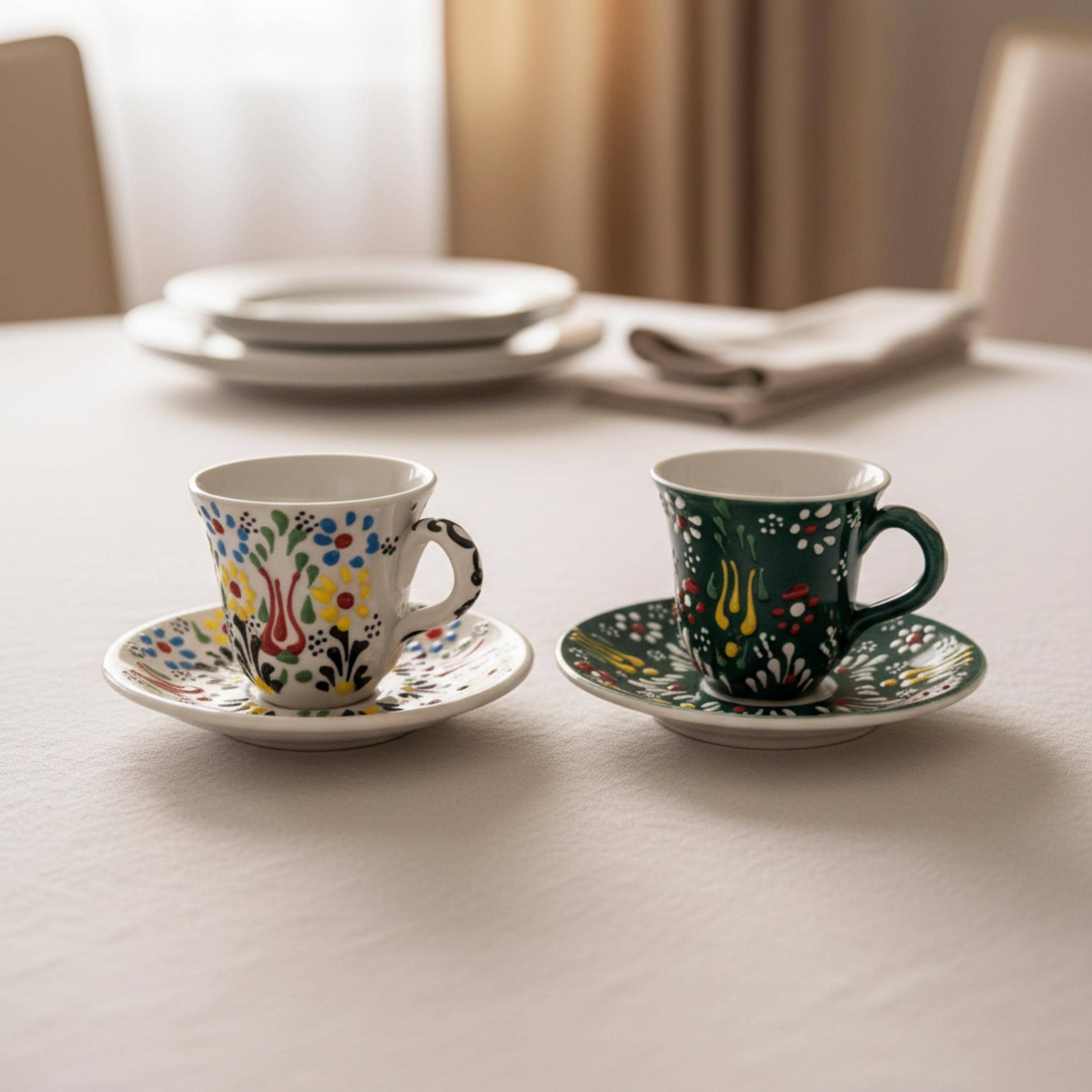 Hand-Painted Colorful Turkish Coffee Cup Set - Ceramic Espresso Cups - Unique Tulip Design Pottery