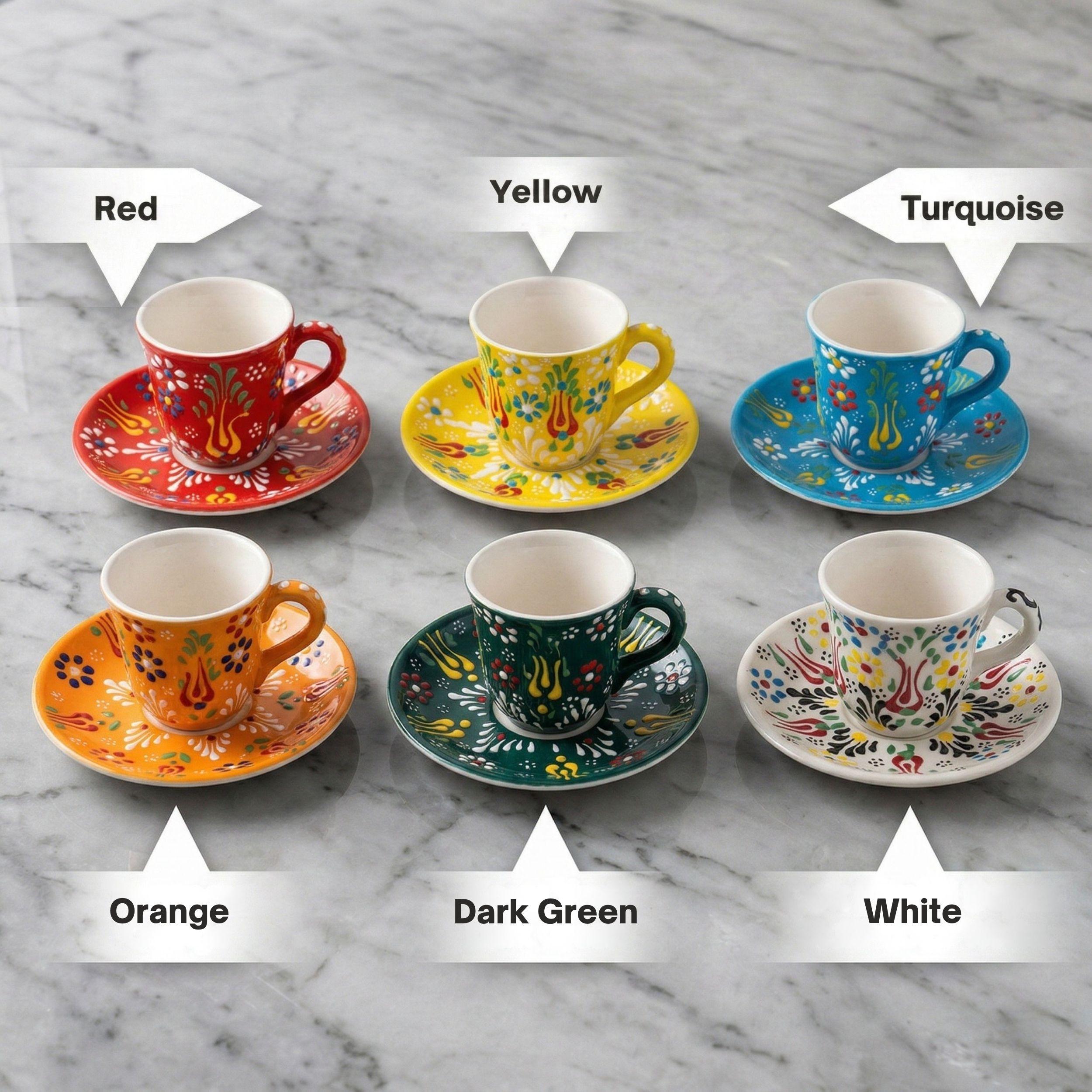 Hand-Painted Colorful Turkish Coffee Cup Set - Ceramic Espresso Cups - Unique Tulip Design Pottery