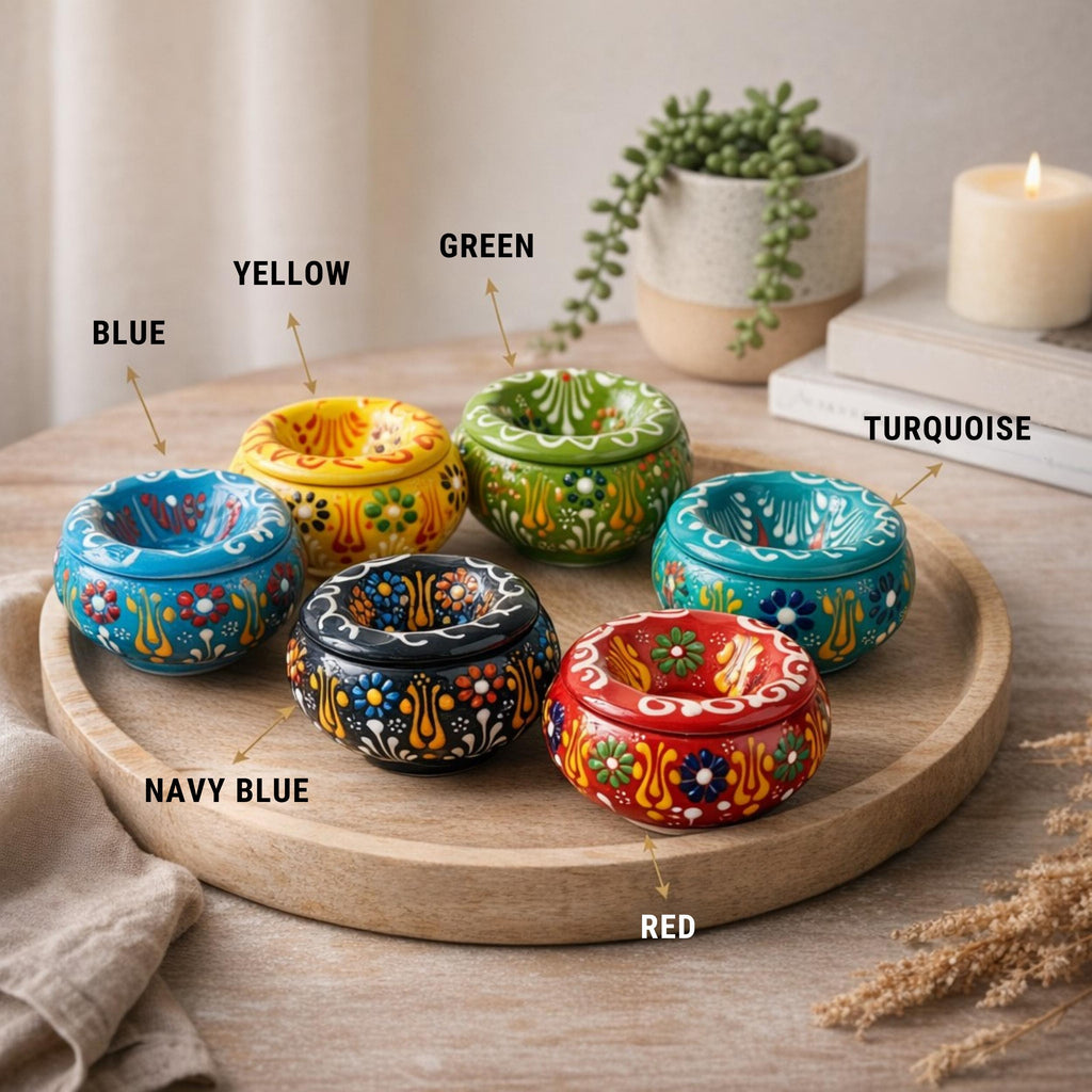 Hand-Painted Turkish Ceramic Ashtray – Windproof Outdoor Patio Decor