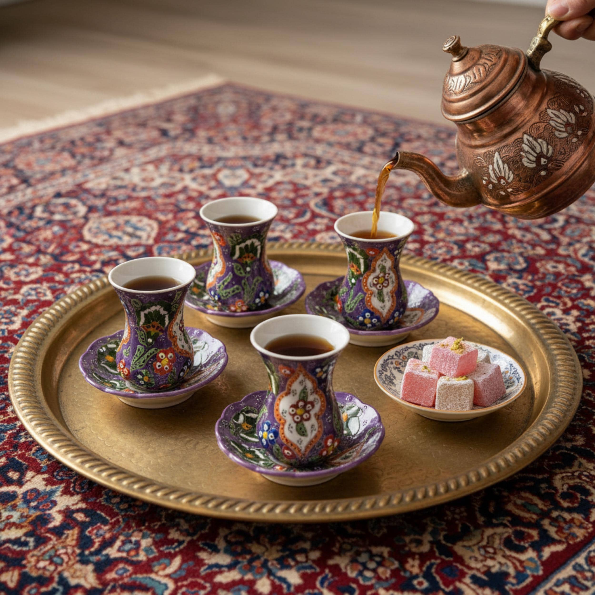 Hand-Painted Ceramic Tea Set – 6 Cups and Saucers, Floral Pottery Service