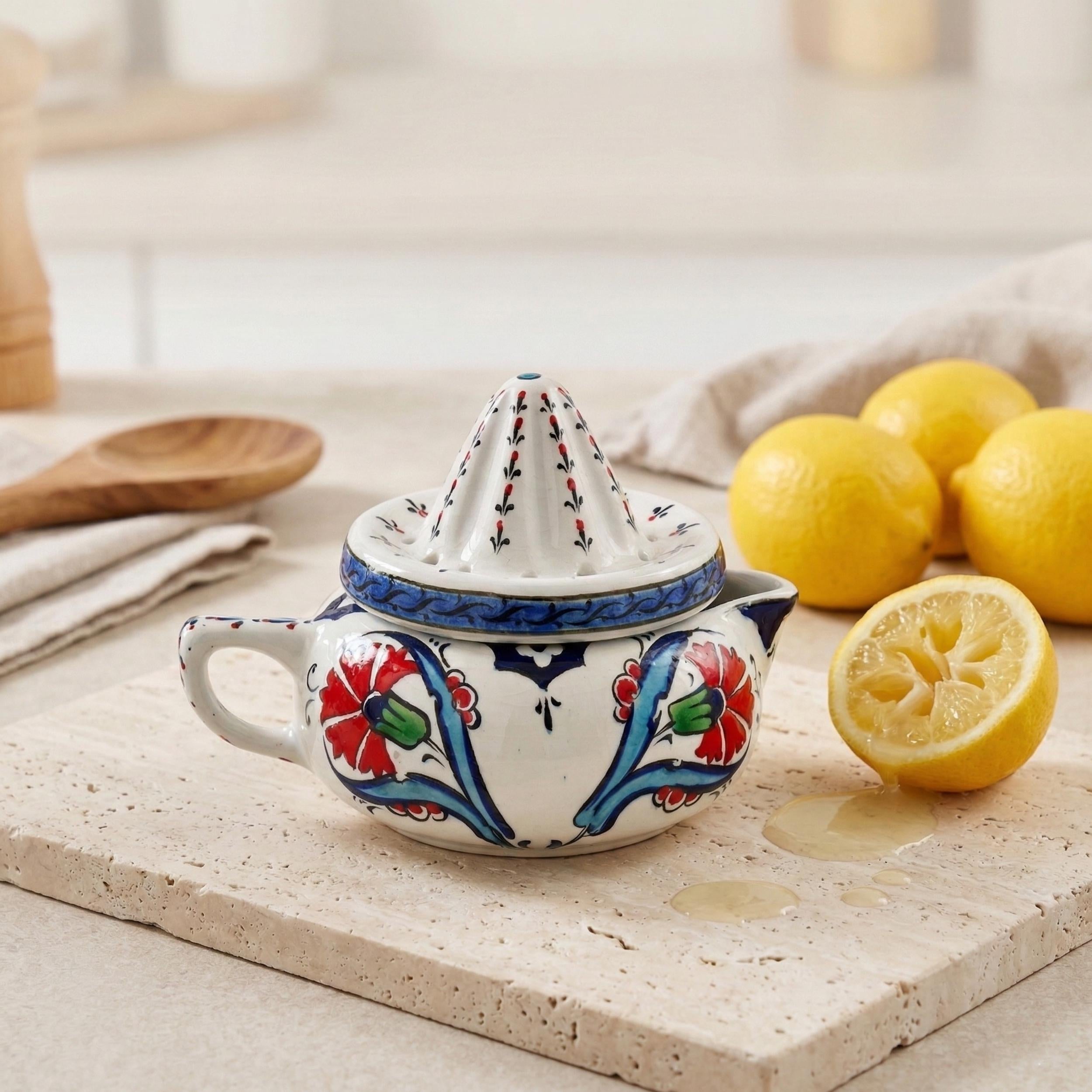 Hand-Painted Ceramic Lemon Squeezer - Authentic Turkish Pottery Citrus Juicer - Floral Kitchen Decor