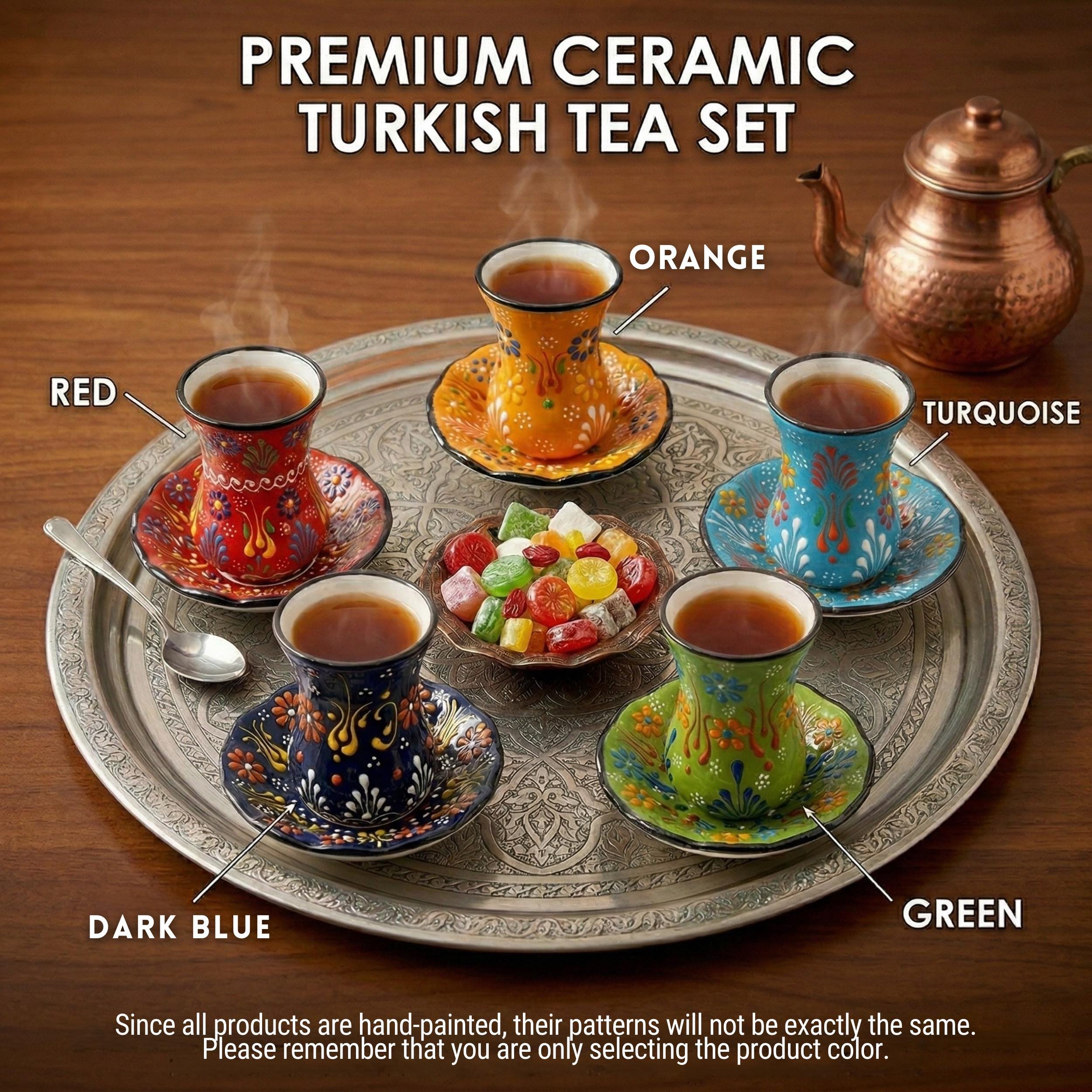 Hand-Painted Turkish Tea Cup Set – Authentic Floral Ceramic Pottery Glasses