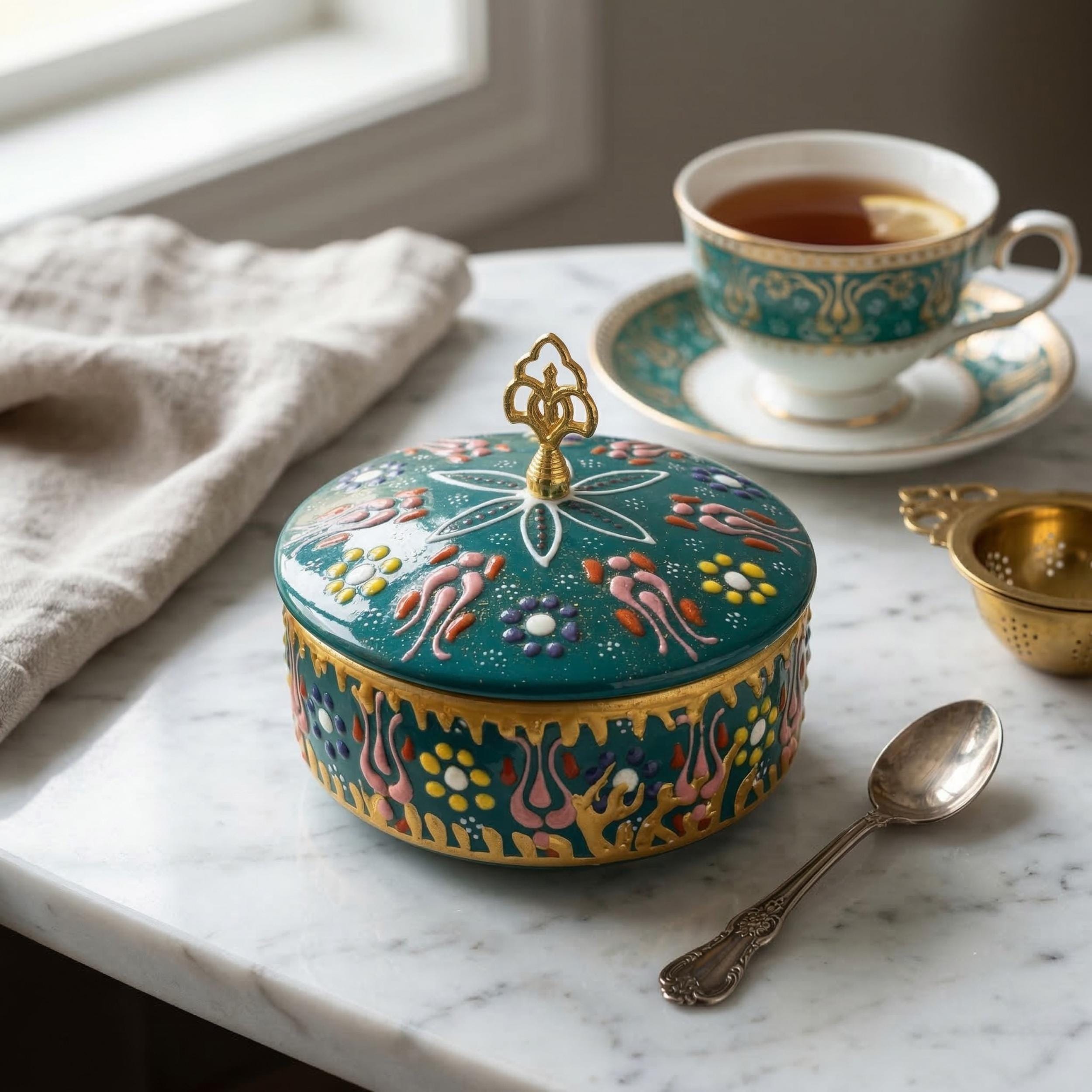 Hand-Painted Ceramic Sugar Bowl – Turkish Delight, Spice, Trinket Box