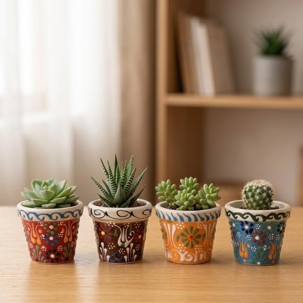 Hand-Painted Ceramic Succulent Pot - Small Pottery Planter - Indoor Cactus Holder - Floral Desk Decor