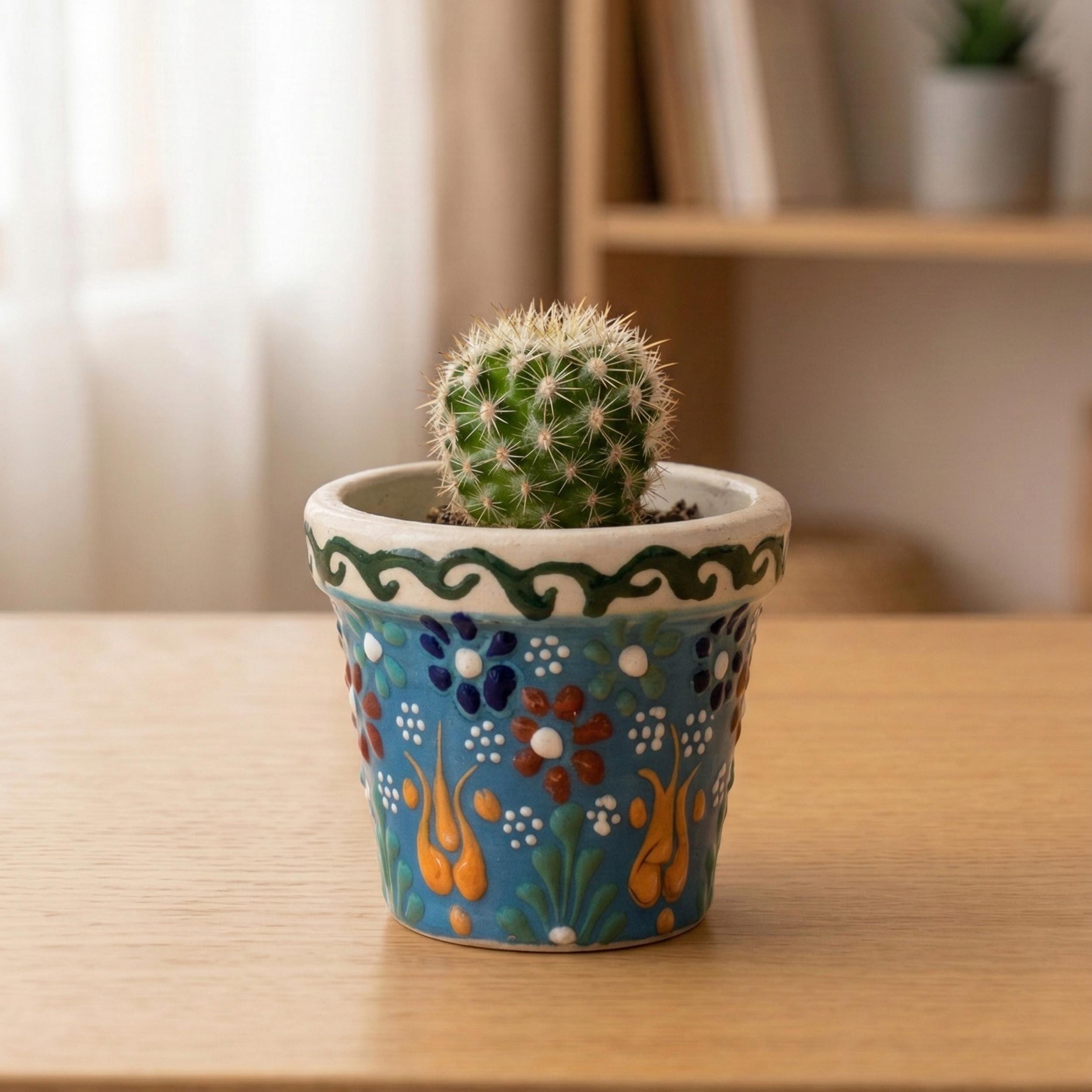 Hand-Painted Ceramic Succulent Pot - Small Pottery Planter - Indoor Cactus Holder - Floral Desk Decor