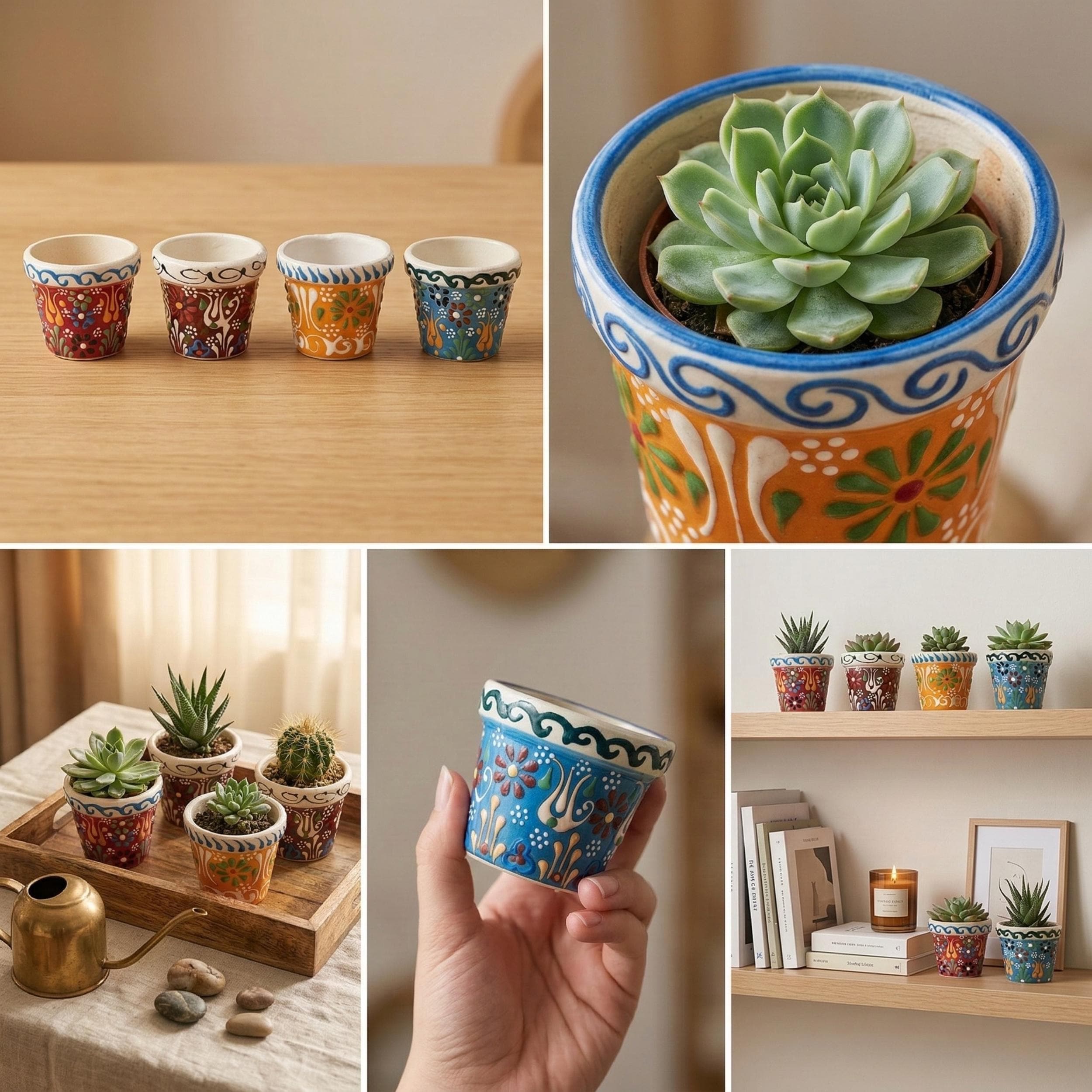 Hand-Painted Ceramic Succulent Pot - Small Pottery Planter - Indoor Cactus Holder - Floral Desk Decor