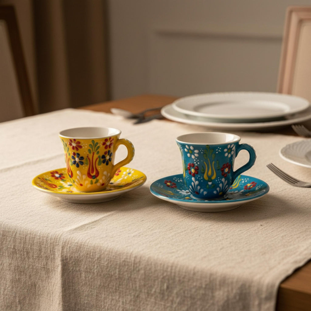 Hand-Painted Colorful Turkish Coffee Cup Set - Ceramic Espresso Cups - Unique Tulip Design Pottery