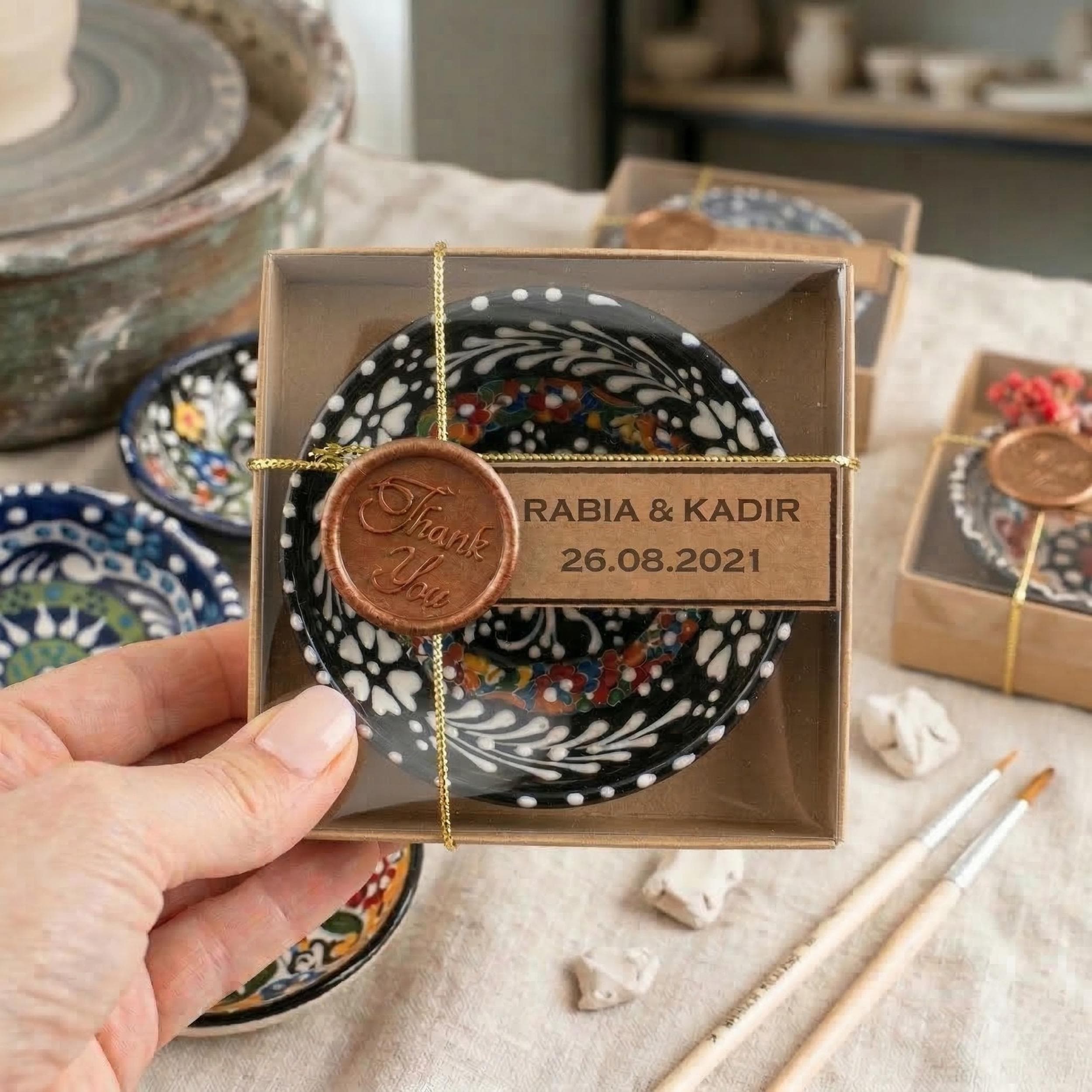 Handmade Mexican Wedding Favors, Talavera Style Ceramic Mini Bowls in Box, Boho Bulk Wedding Favor, Colorful Pottery