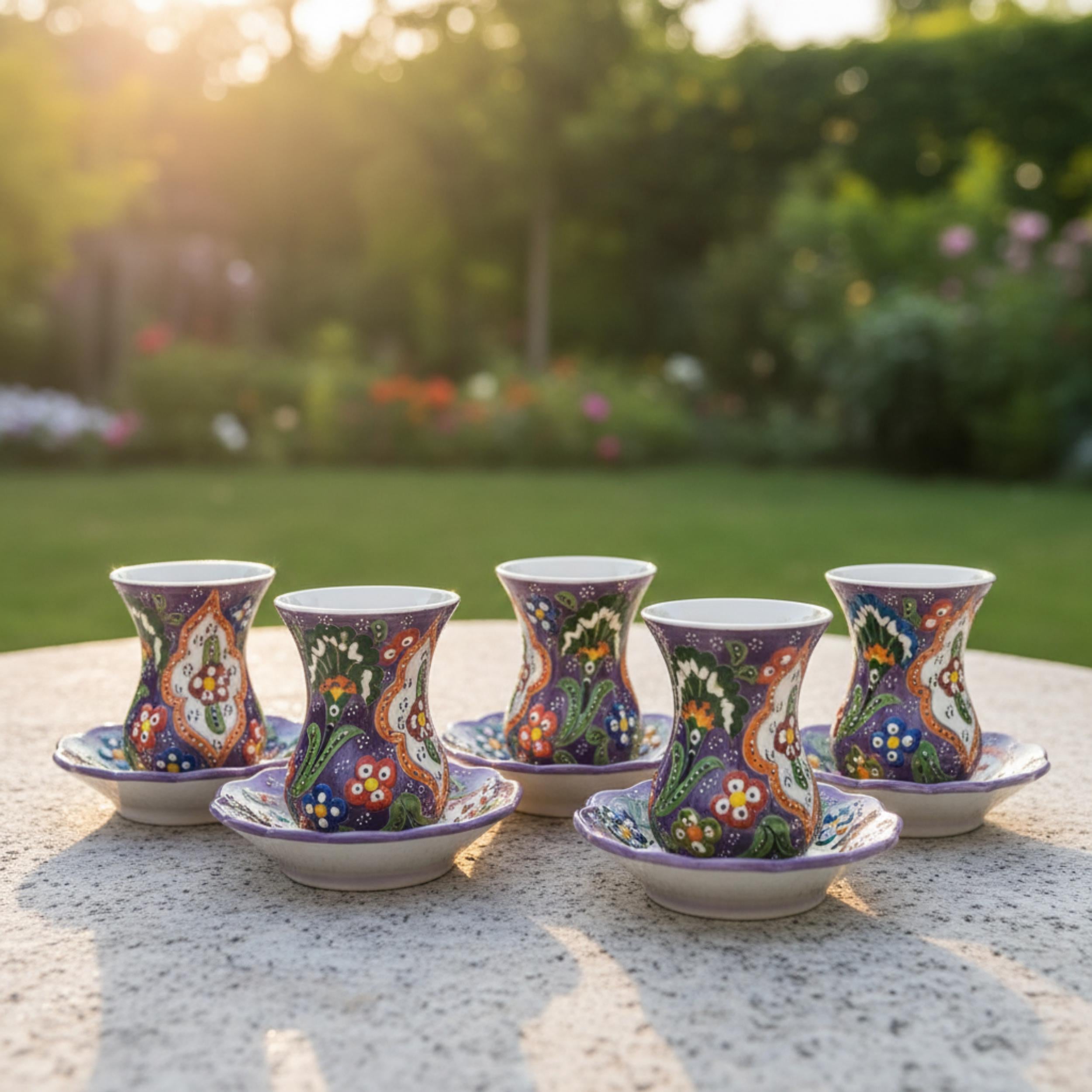 Hand-Painted Ceramic Tea Set – 6 Cups and Saucers, Floral Pottery Service