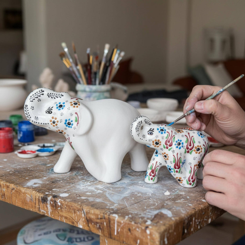 Hand-Painted Ceramic Elephant Family Figurines – Anatolian Art Home Decor