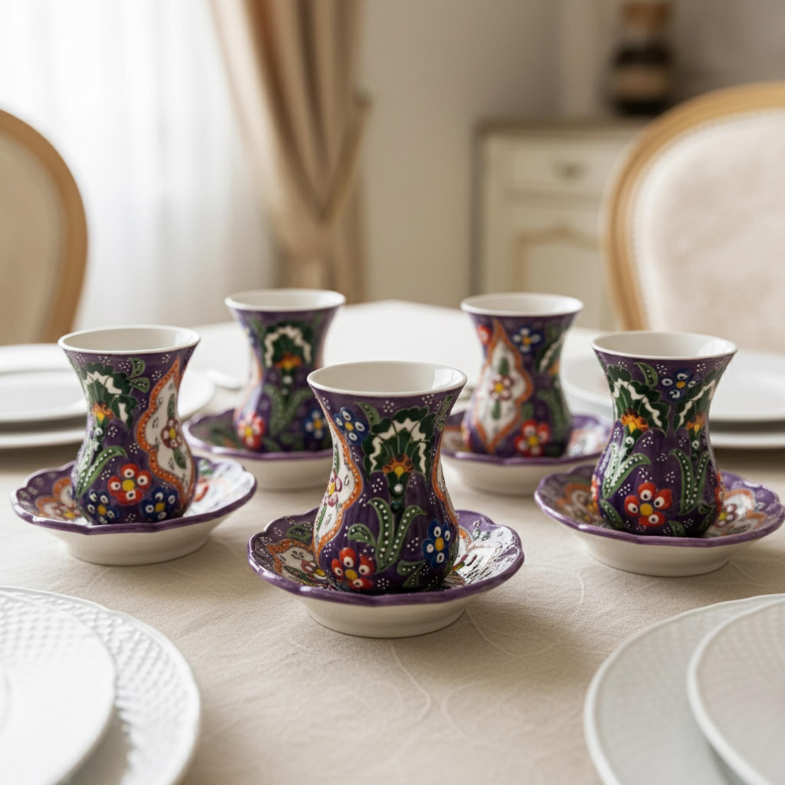 Hand-Painted Ceramic Tea Set – 6 Cups and Saucers, Floral Pottery Service