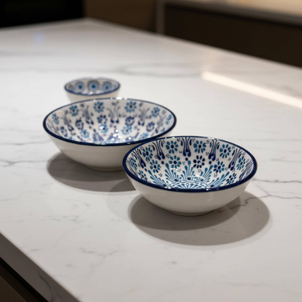 Hand Painted Blue White Ceramic Nesting Bowls – Turkish Pottery Serving Set of 3