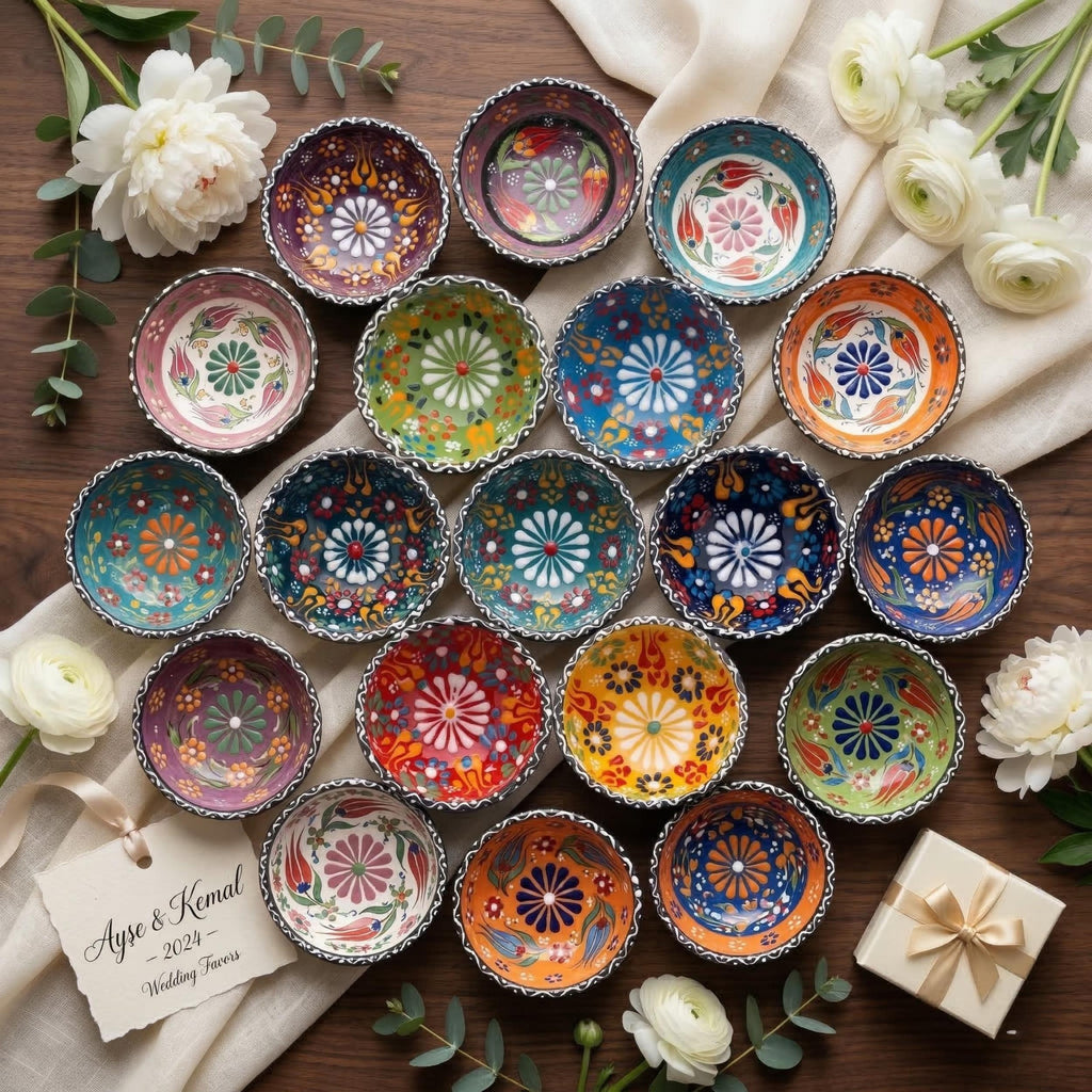 Handmade Mexican Wedding Favors, Talavera Style Ceramic Mini Bowls in Box, Boho Bulk Wedding Favor, Colorful Pottery