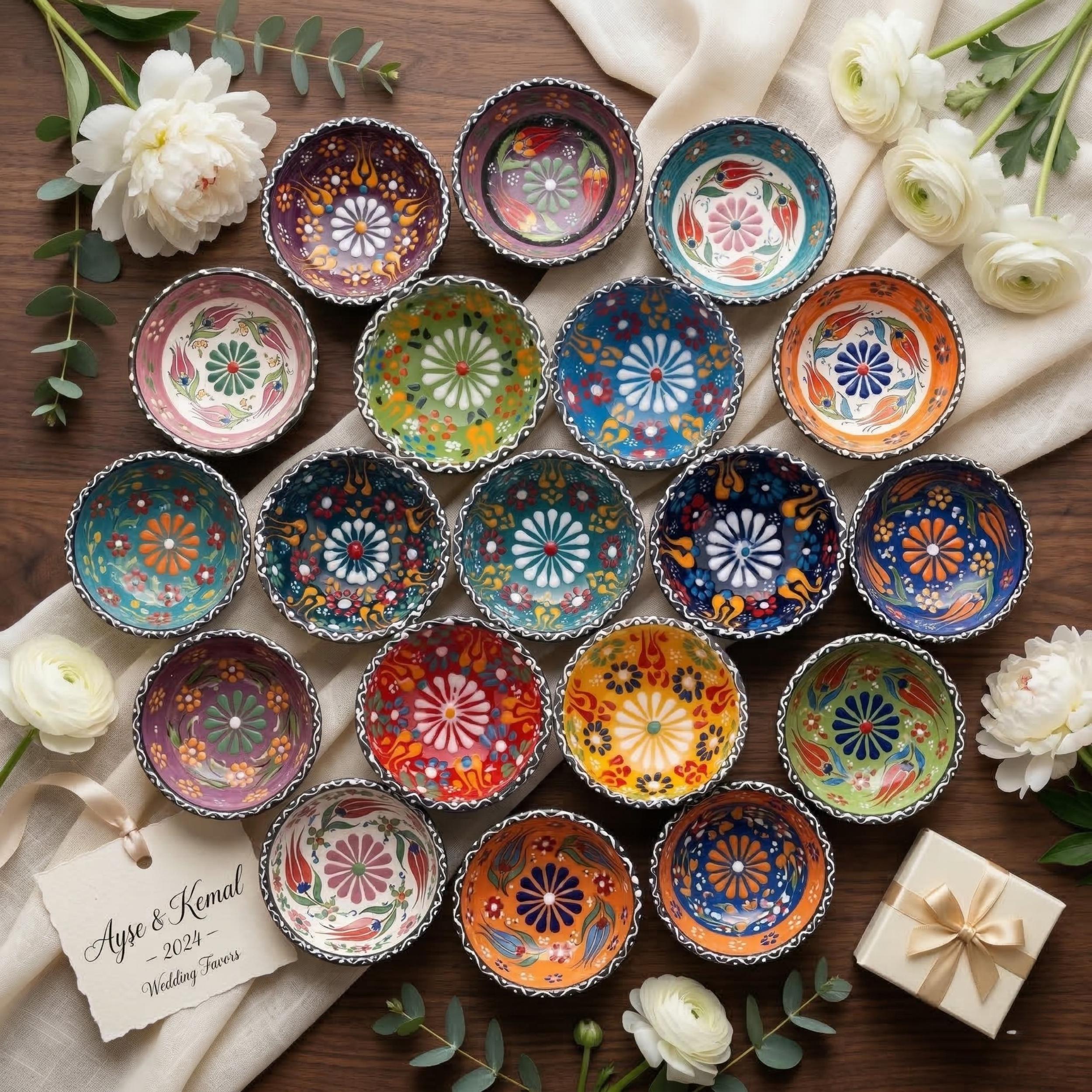 Handmade Mexican Wedding Favors, Talavera Style Ceramic Mini Bowls in Box, Boho Bulk Wedding Favor, Colorful Pottery