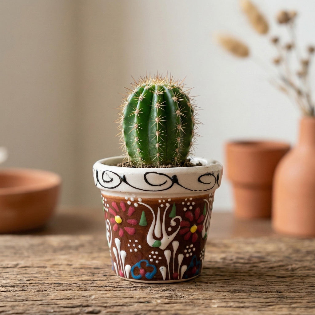 Hand-Painted Ceramic Succulent Pot - Small Pottery Planter - Indoor Cactus Holder - Floral Desk Decor