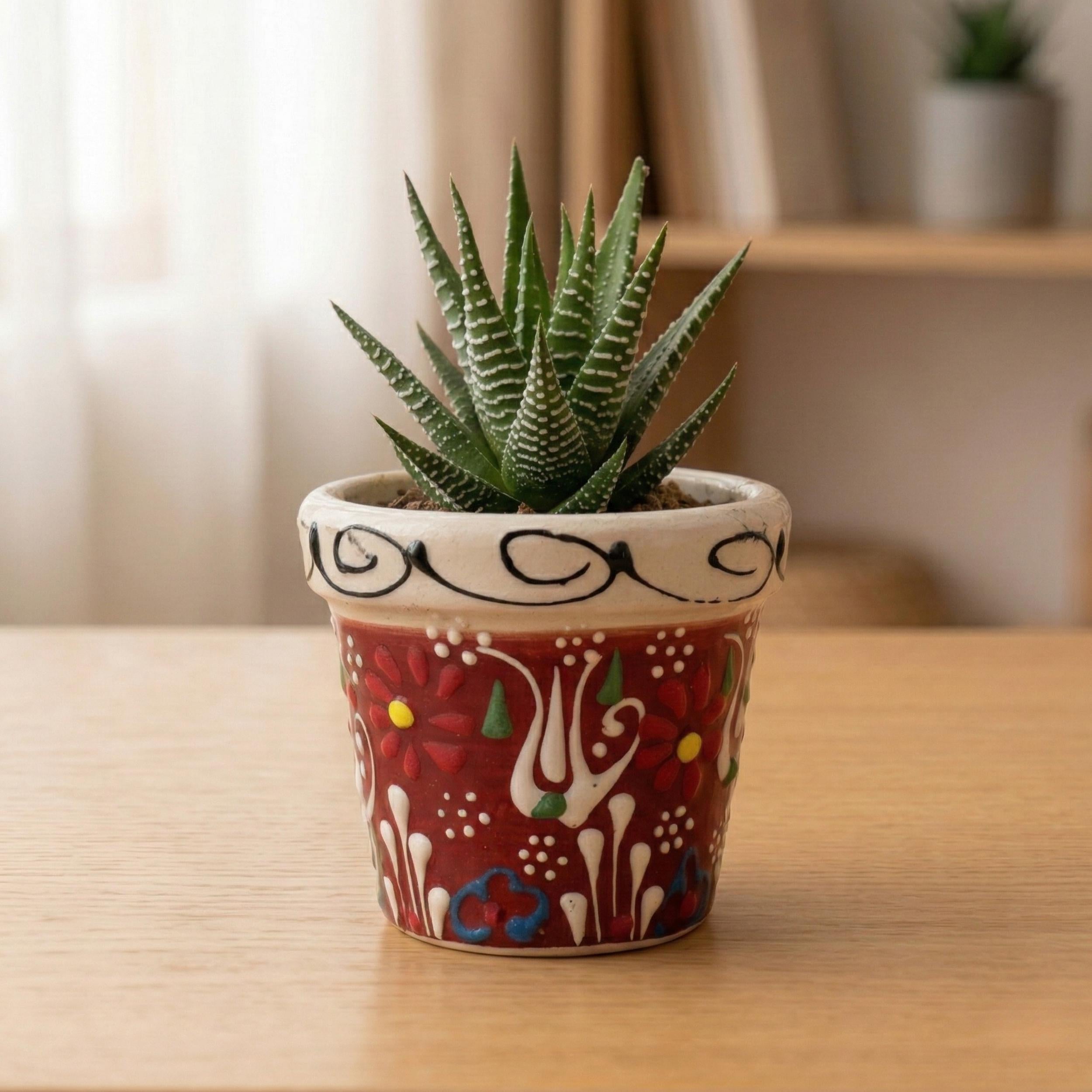 Hand-Painted Ceramic Succulent Pot - Small Pottery Planter - Indoor Cactus Holder - Floral Desk Decor