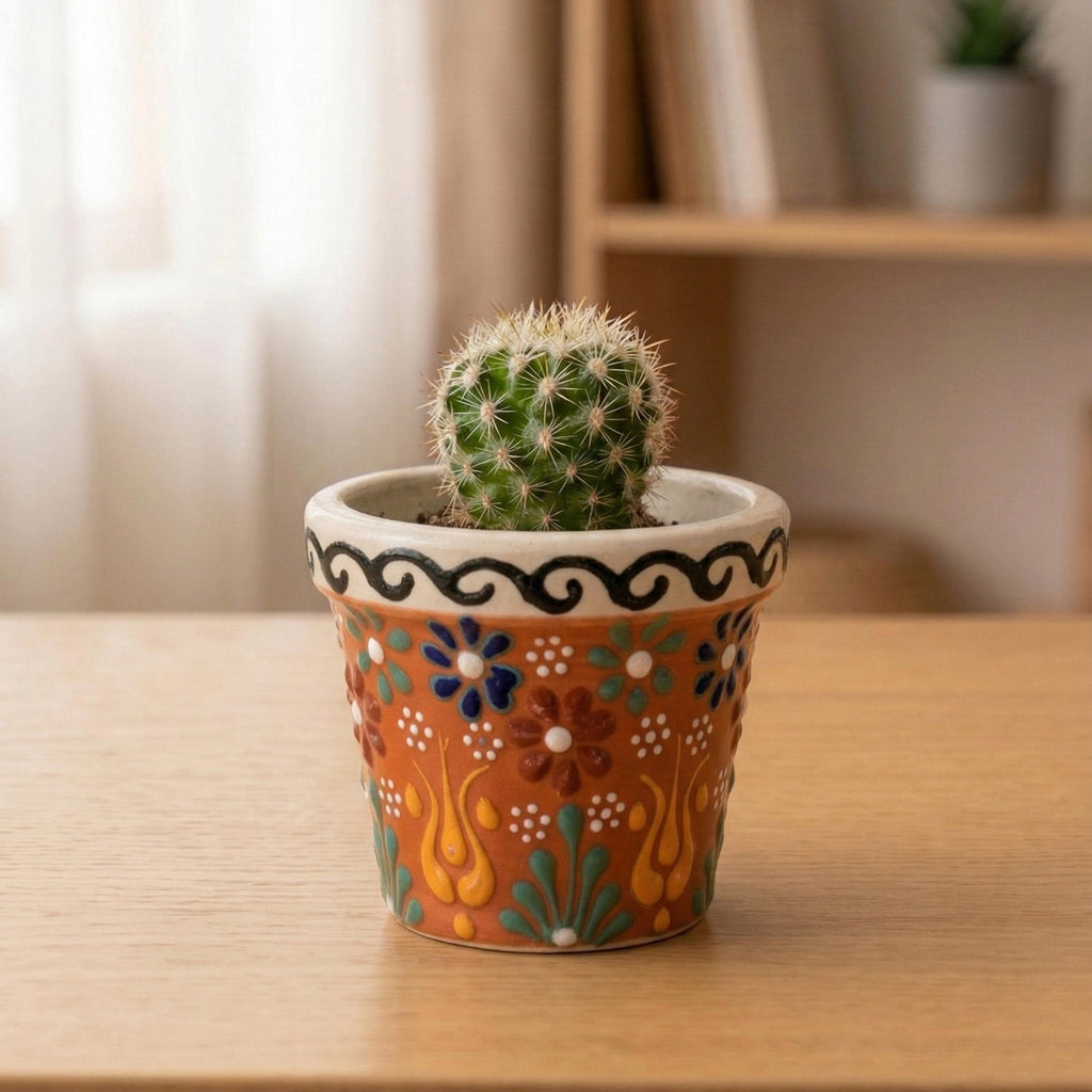 Hand-Painted Ceramic Succulent Pot - Small Pottery Planter - Indoor Cactus Holder - Floral Desk Decor