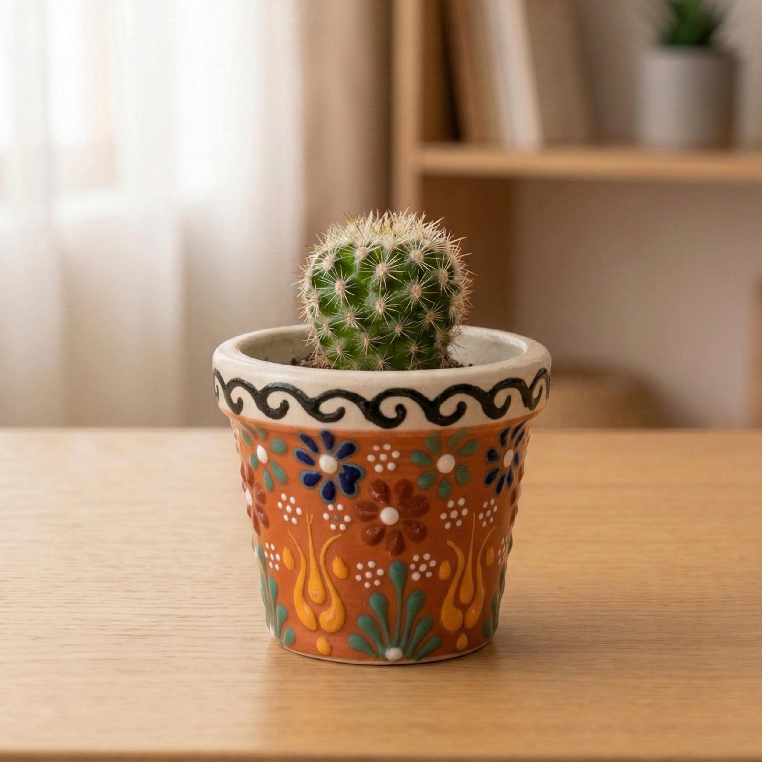 Hand-Painted Ceramic Succulent Pot - Small Pottery Planter - Indoor Cactus Holder - Floral Desk Decor