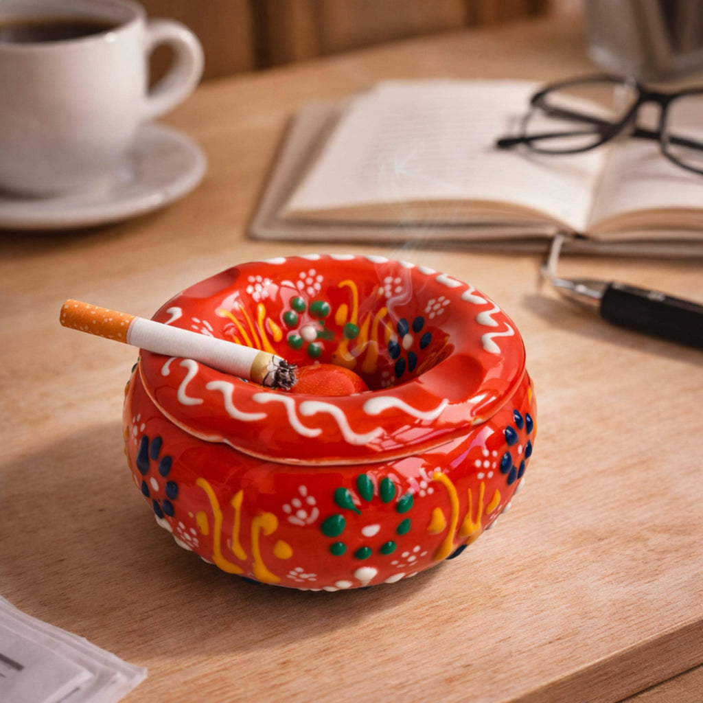 Hand-Painted Turkish Ceramic Ashtray – Windproof Outdoor Patio Decor