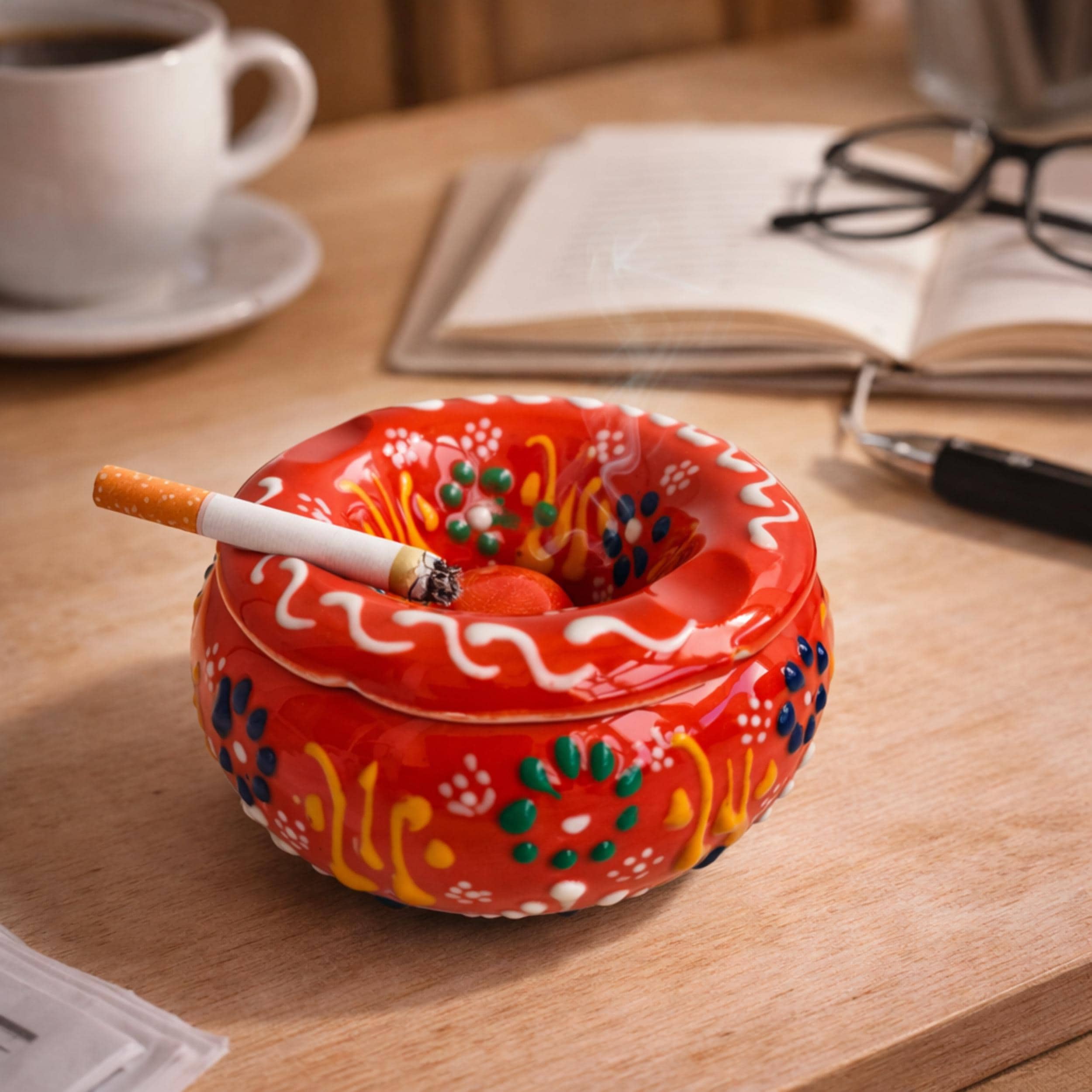 Hand-Painted Turkish Ceramic Ashtray – Windproof Outdoor Patio Decor