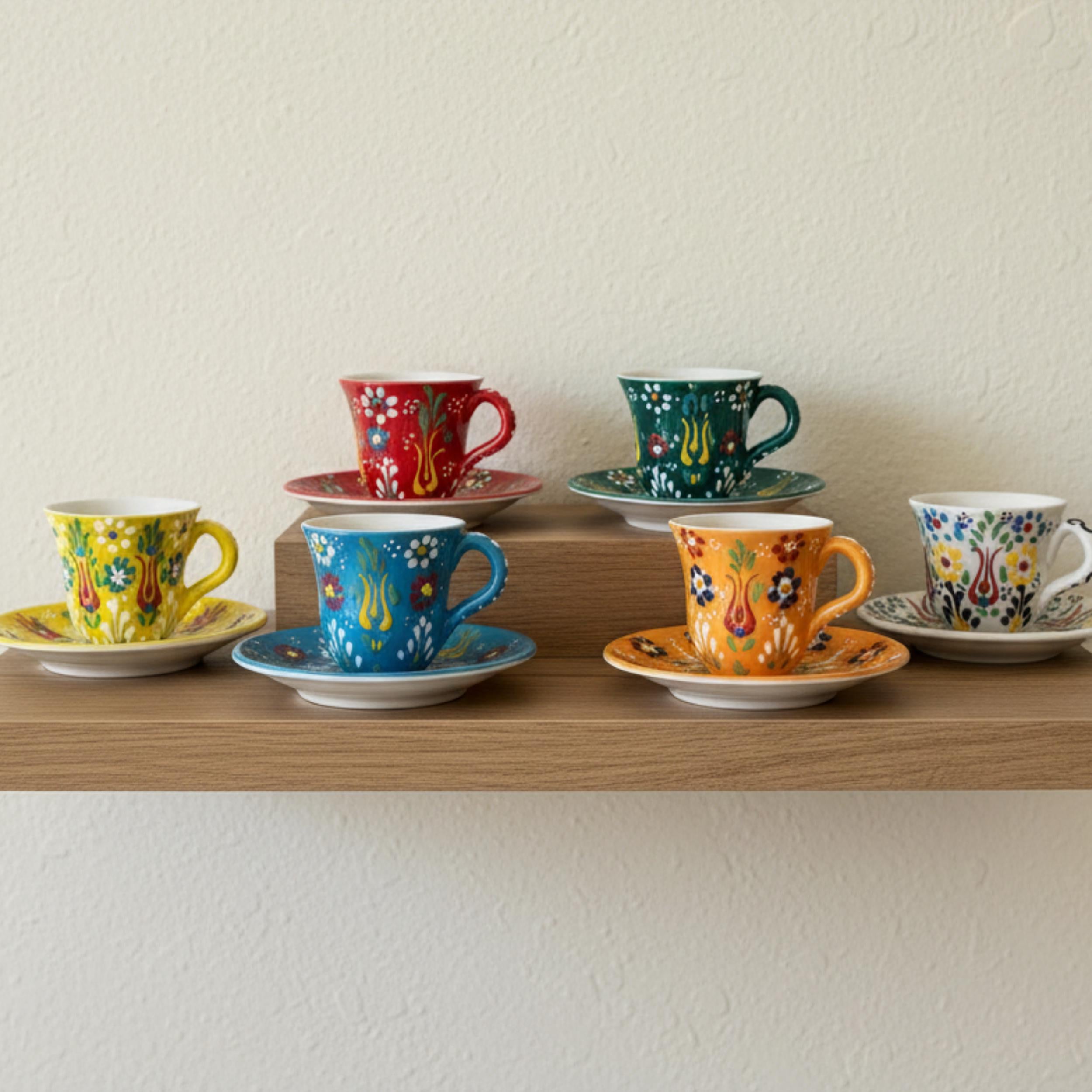 Hand-Painted Colorful Turkish Coffee Cup Set - Ceramic Espresso Cups - Unique Tulip Design Pottery