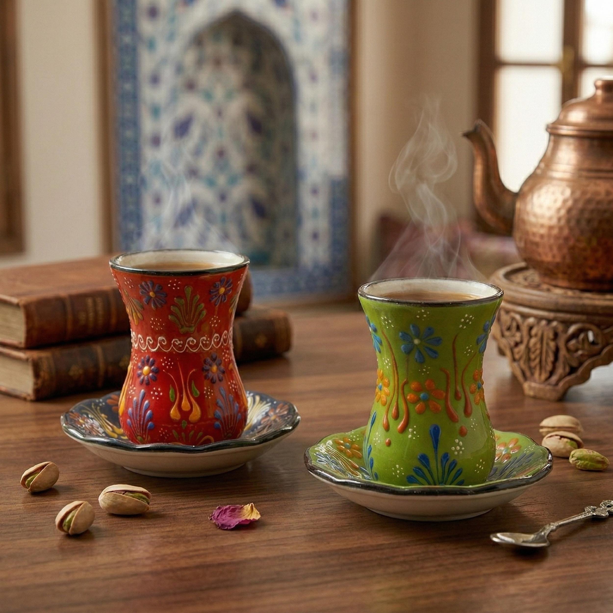 Hand-Painted Turkish Tea Cup Set – Authentic Floral Ceramic Pottery Glasses