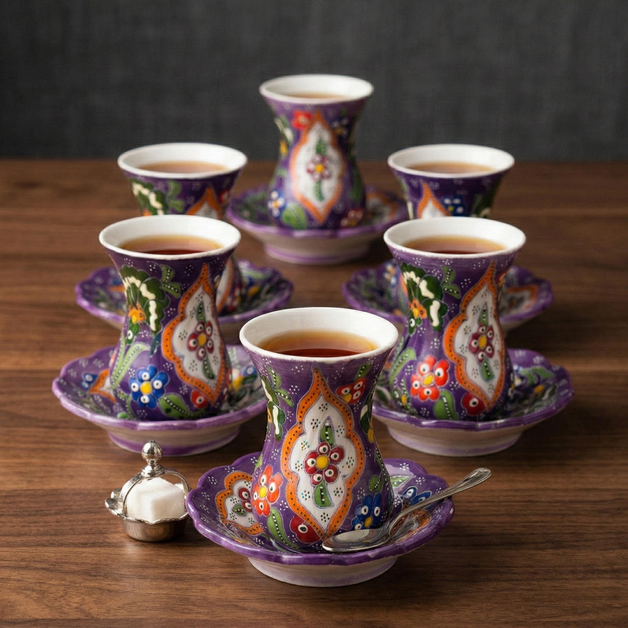 Hand-Painted Ceramic Tea Set – 6 Cups and Saucers, Floral Pottery Service