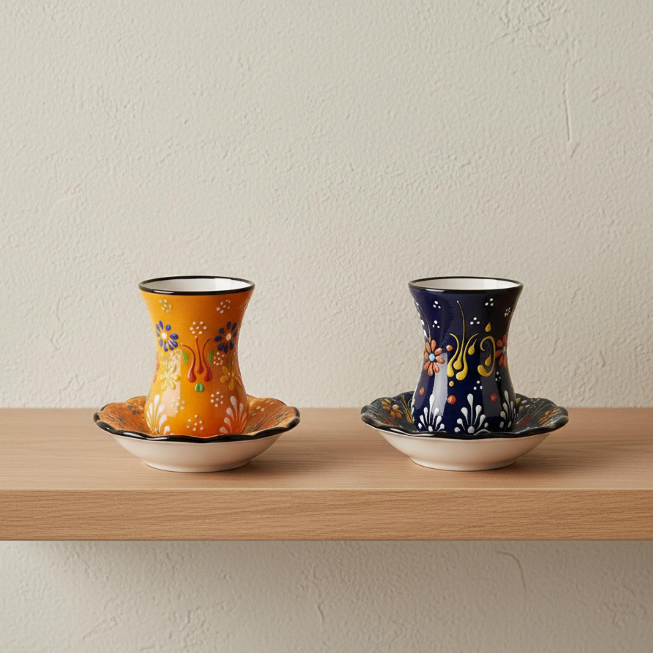 Hand-Painted Turkish Tea Cup Set – Authentic Floral Ceramic Pottery Glasses
