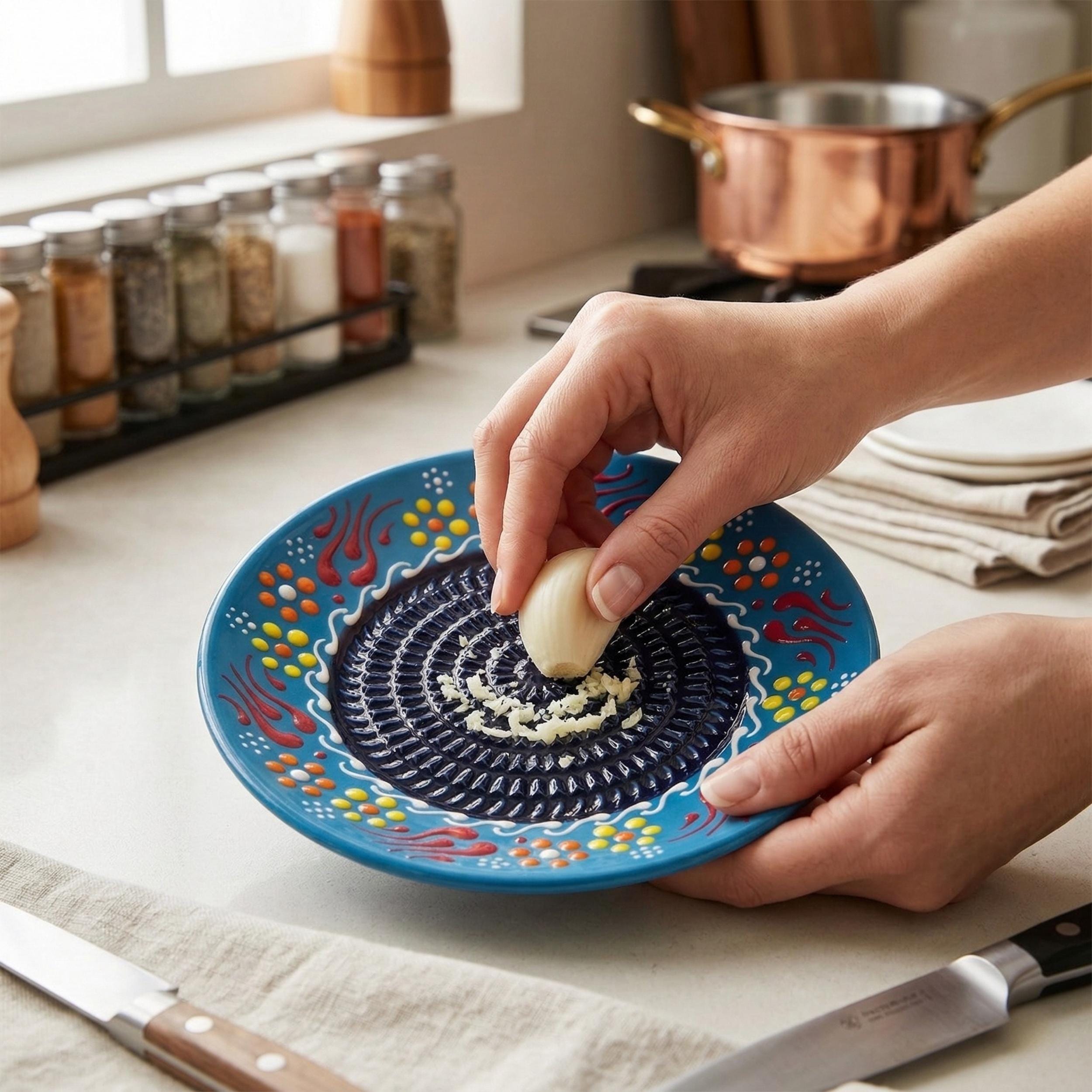 Hand-Painted Ceramic Grater Plate – Turkish Pottery, Garlic Ginger Grater, Olive Oil Dish