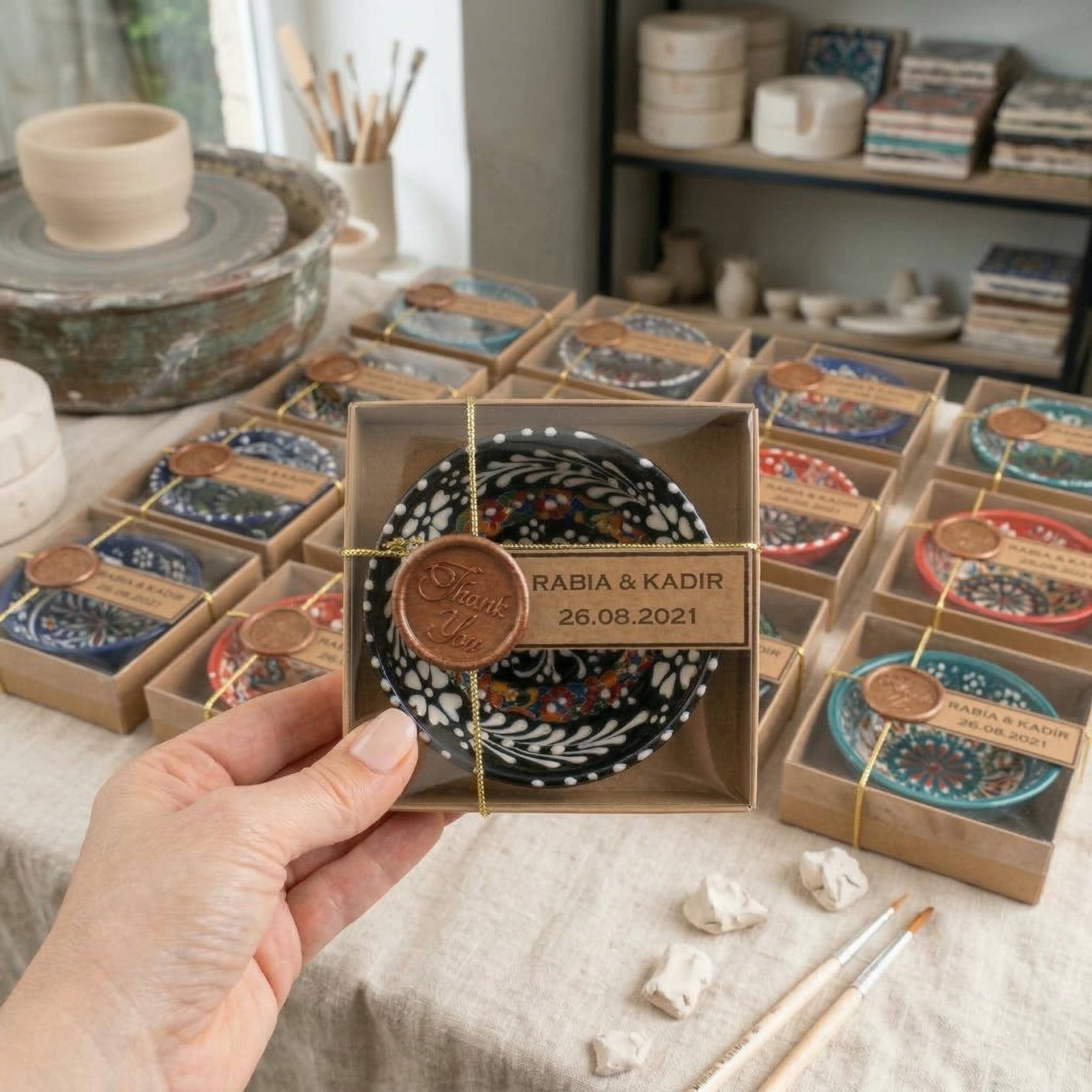 Handmade Mexican Wedding Favors, Talavera Style Ceramic Mini Bowls in Box, Boho Bulk Wedding Favor, Colorful Pottery