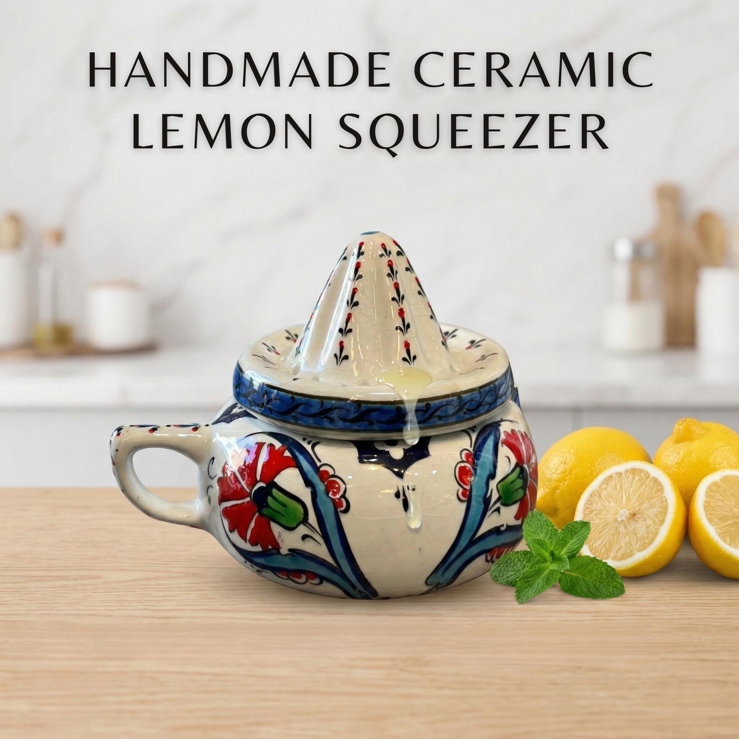Hand-Painted Ceramic Lemon Squeezer - Authentic Turkish Pottery Citrus Juicer - Floral Kitchen Decor